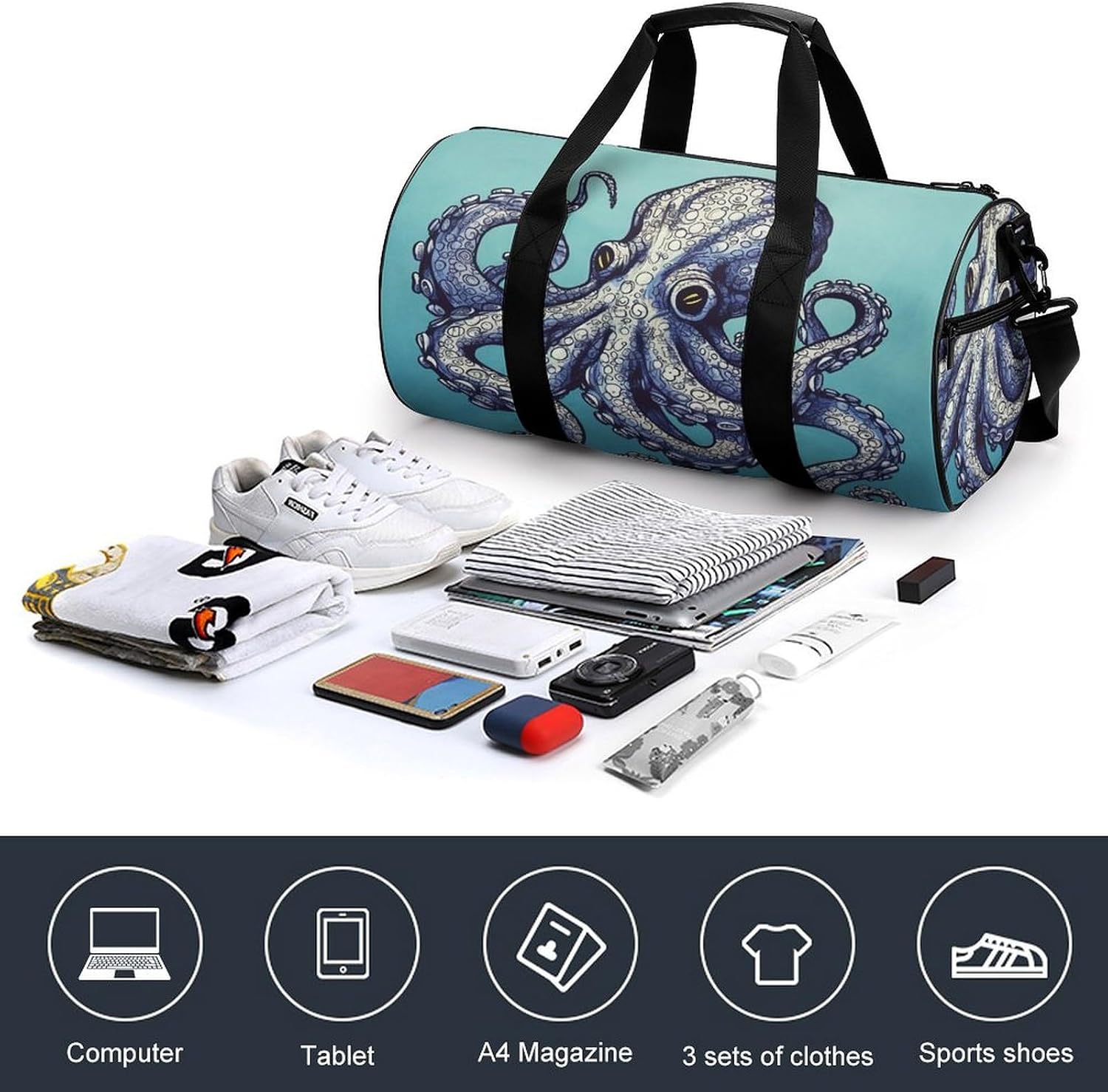 Aesthetic Sports Bag for Women Octopus Design Printed Duffle Travel Bag for Men Women Mini Workout Bags Cylindrical Gym Bag