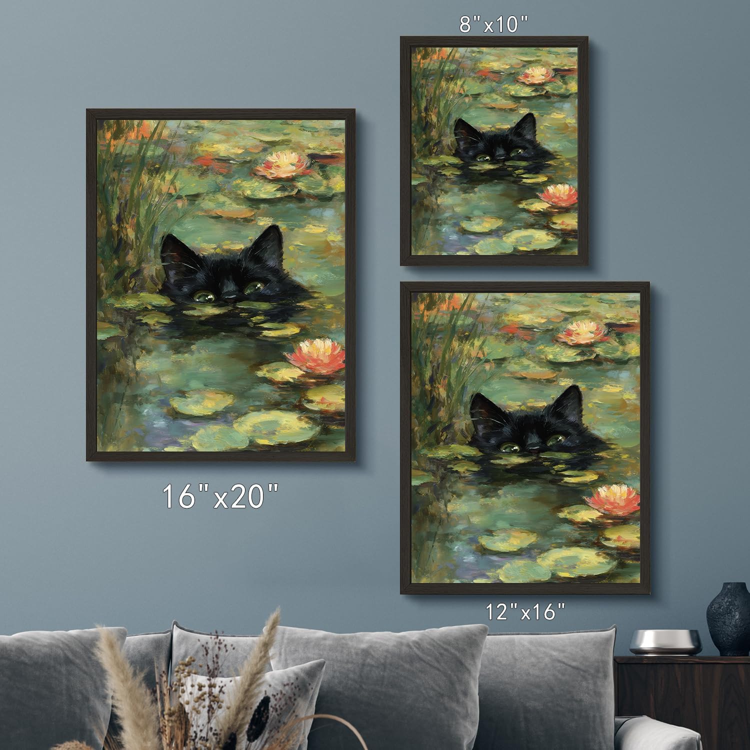 Monet Prints Vintage Cat Wall Art Print Cat In Water Lilies Posters Retro Canvas Art Wall Decor Picture For Bedroom Dorm Bathroom Wall Decor Aesthetic Home Artwork 12" × 16" With Framed