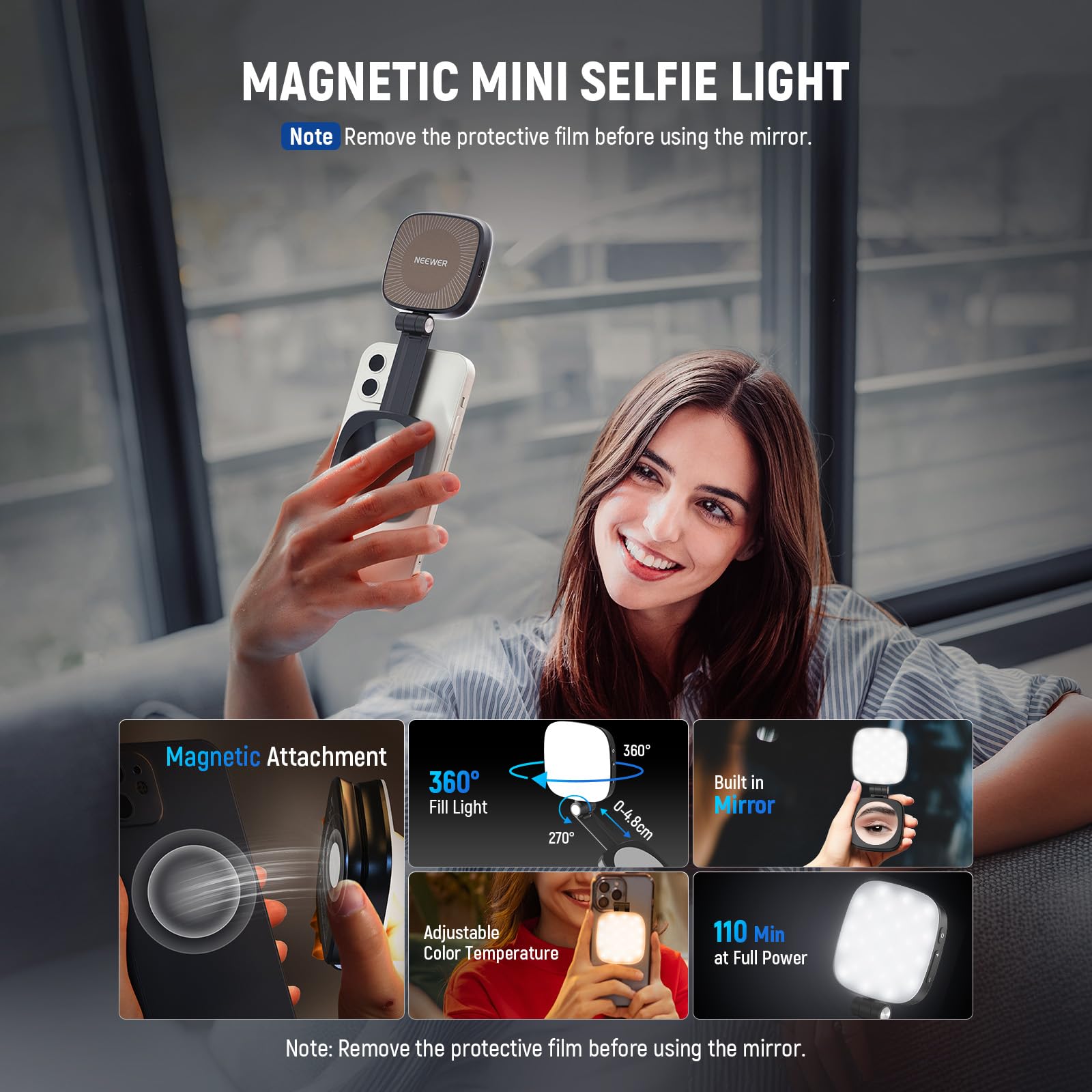 NEEWER Magnetisches Selfie Licht kompatibel mit iPhone MagSafe CRI95 700lx/0,3m Faltbare LED Handy Füllring Beleuchtung mit Ständer/Spiegel für Zoom Make up Fotografie Aufnahme NL48B,Schwarz