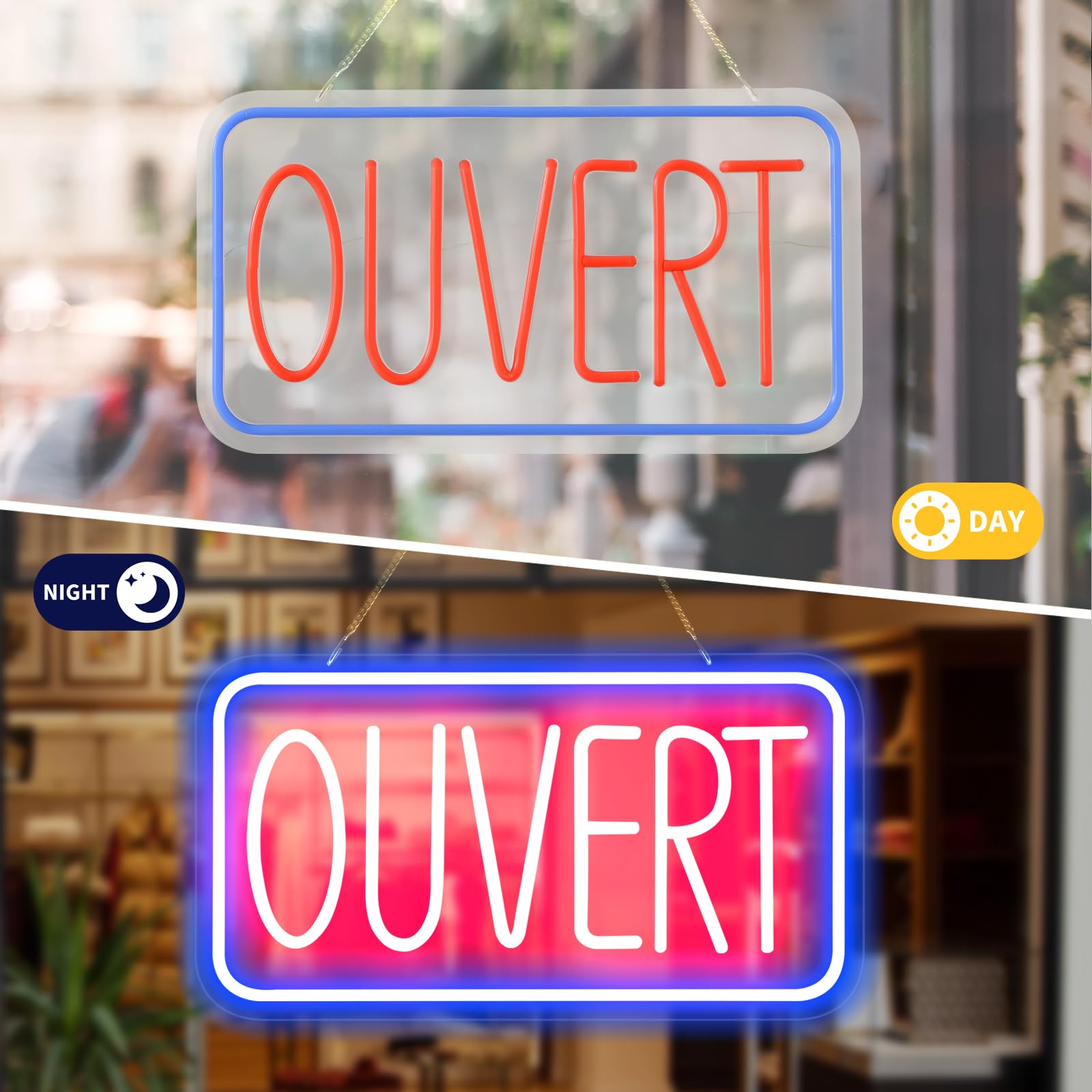 OUVERT Panneau néon LED à suspendre 42 x 22 cm USB avec interrupteur à intensité variable