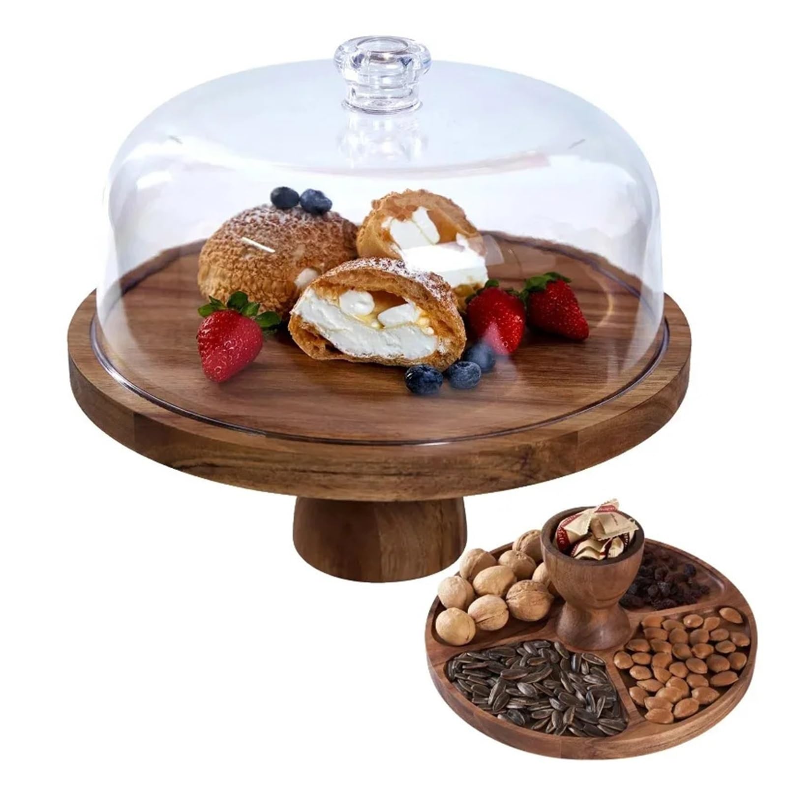 Support à gâteau en bois avec couvercle en verre et sans couvercle