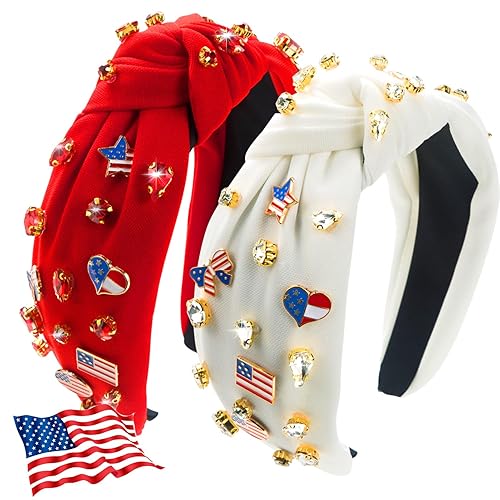 2Pcs 4th of July Headband for Women, Rhinestone Knotted Design