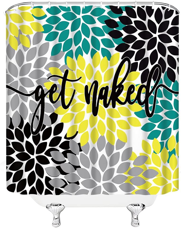 Dahlia Pinnata Floral Shower Curtain Funny Cute Quotes Black Gray Teal Yellow Floral Antique Petal Pattern Abstract Art Modern Design Creative Unique Bathroom Decor Set with Hooks（78" Wx70 H）
