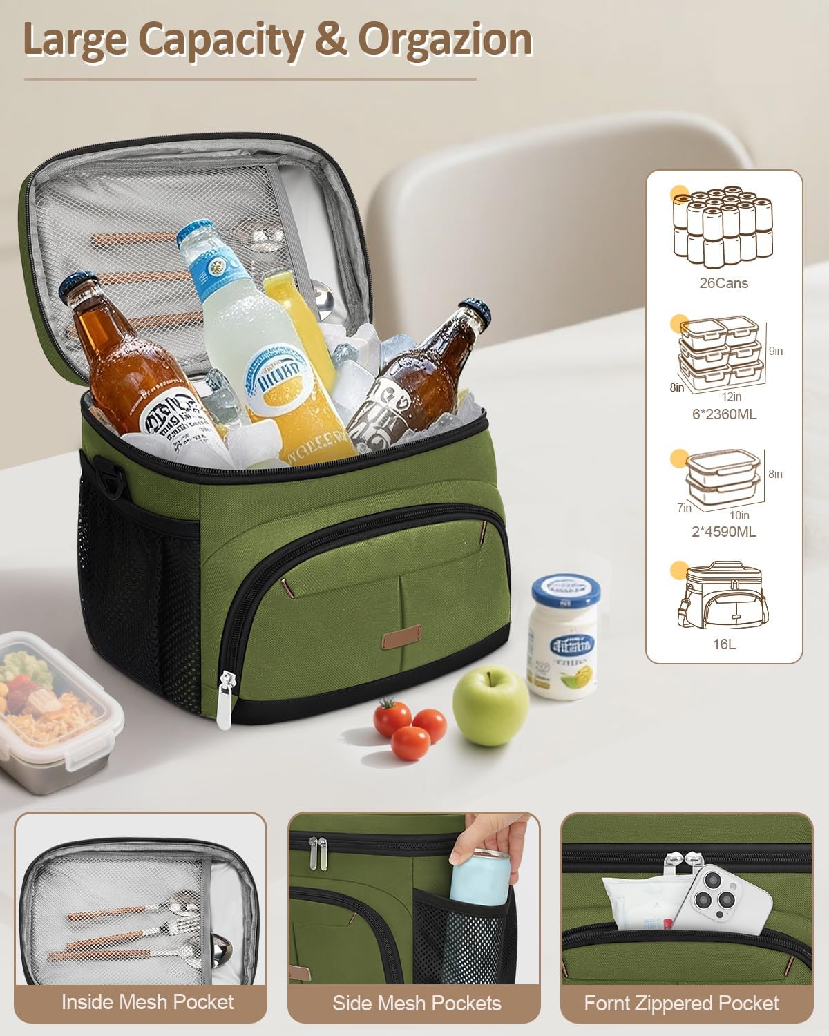 Pritent Lunch Box for Man Women, Insulated Lunch Bag Cooler Bag Thermal Lunchbox Leakproof Lunch Tote Bags with Removable Strap for Work School Picnic Travel (Green/14L)