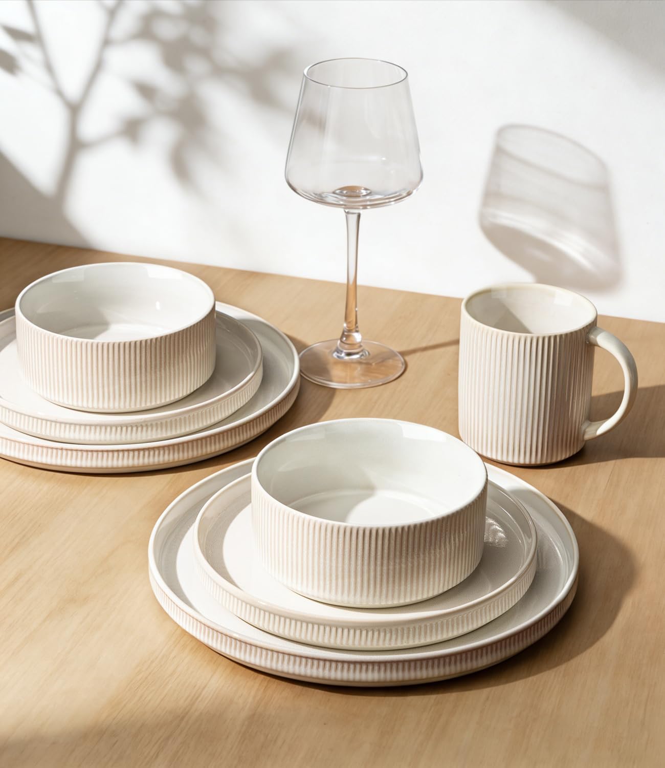 GBHOME Stoneware Dinnerware Sets for 4, 12 Pieces Ceramic Ribbed Plates and Bowls Set, Reactive Glaze Stackable Plate Sets, Scratch Resistant Dishes, Microwave & Dishwasher Safe, Cream