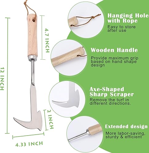 Miniatura 2 de Desbrozadora de grietas, herramienta de deshierbe de acero inoxidable de 12 pulgadas con mango de madera, espátula extractor de malezas en forma de