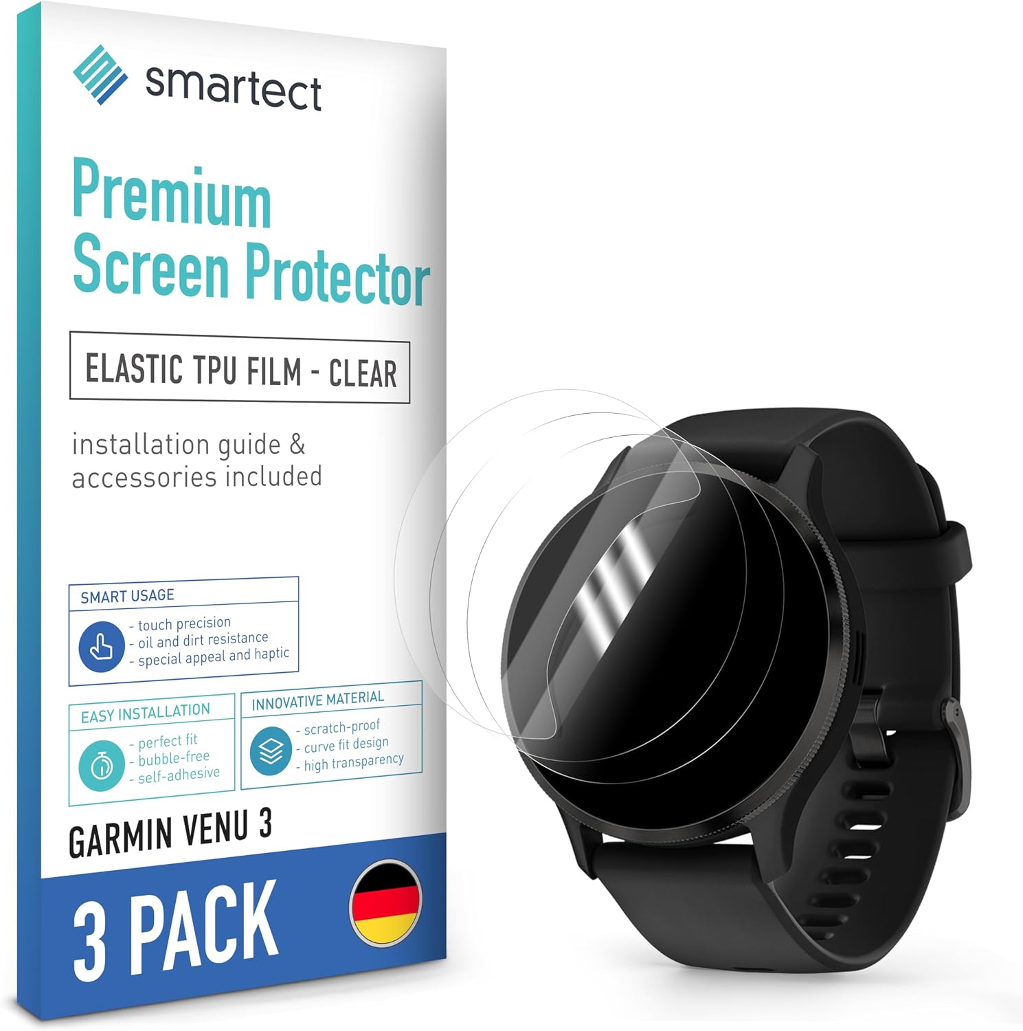 smartect TPU Ochraniacz Ekranu 3 Sztuki dla Garmin Venu 3 | Folia Ochronna Anti-Zarysowania, Ultra-przezroczysta, Bez Pęcherzyków, Anti-Odciski Palców, Przyjazna dla Etui