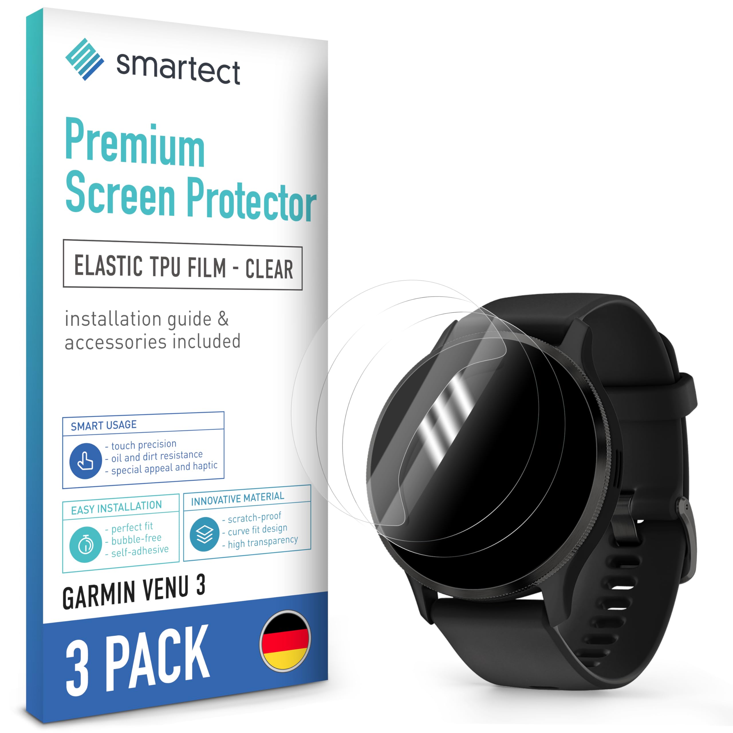 smartect TPU Screen Protector [3 Pieces, Clear] for Garmin Venu 3, Covers the Entire Screen, Bubble-Free Protective Film, Anti-fingerprint