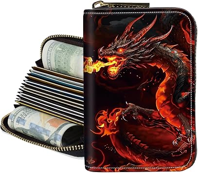 Credit Card Holder for Women,Zipper 14-Slot RFID Blocking Wallet,Small Slim Cute Leather Compact Accordion Case,Business Card Holder Case,Organizer Gifts for Ladies,Fire Red Dragon