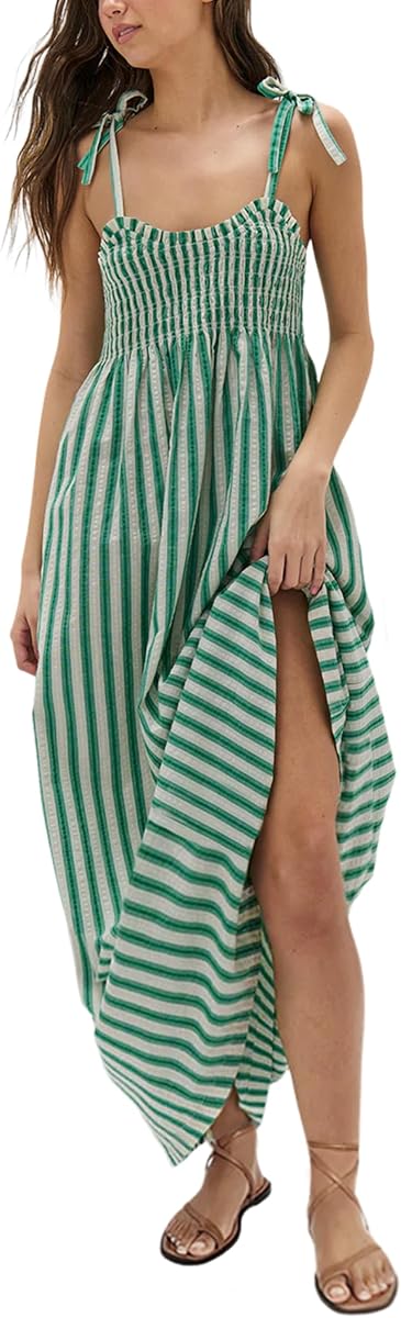 Lentta Women's Striped Smocked Maxi Dress Causal Spaghetti Strap Stretchy Flowy Swing Long Dress with Pockets