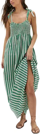 Lentta Women's Striped Smocked Maxi Dress with Pockets