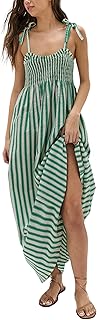 Women's Striped Smocked Maxi Dress Causal Spaghetti Strap Stretchy Flowy Swing Long Dress with Pockets - Buy now