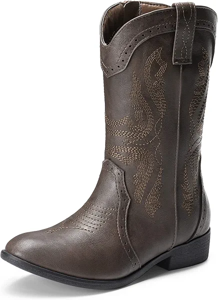 DREAM PAIRS Cowgirl Boots for Girls Boys Cowboy Boots Kids Western Embroidered Mid Calf Riding Shoes with Walking Heel Toddler/Little Kid/Big Kid,Size 9 Toddler,Brown,SDBO2222K