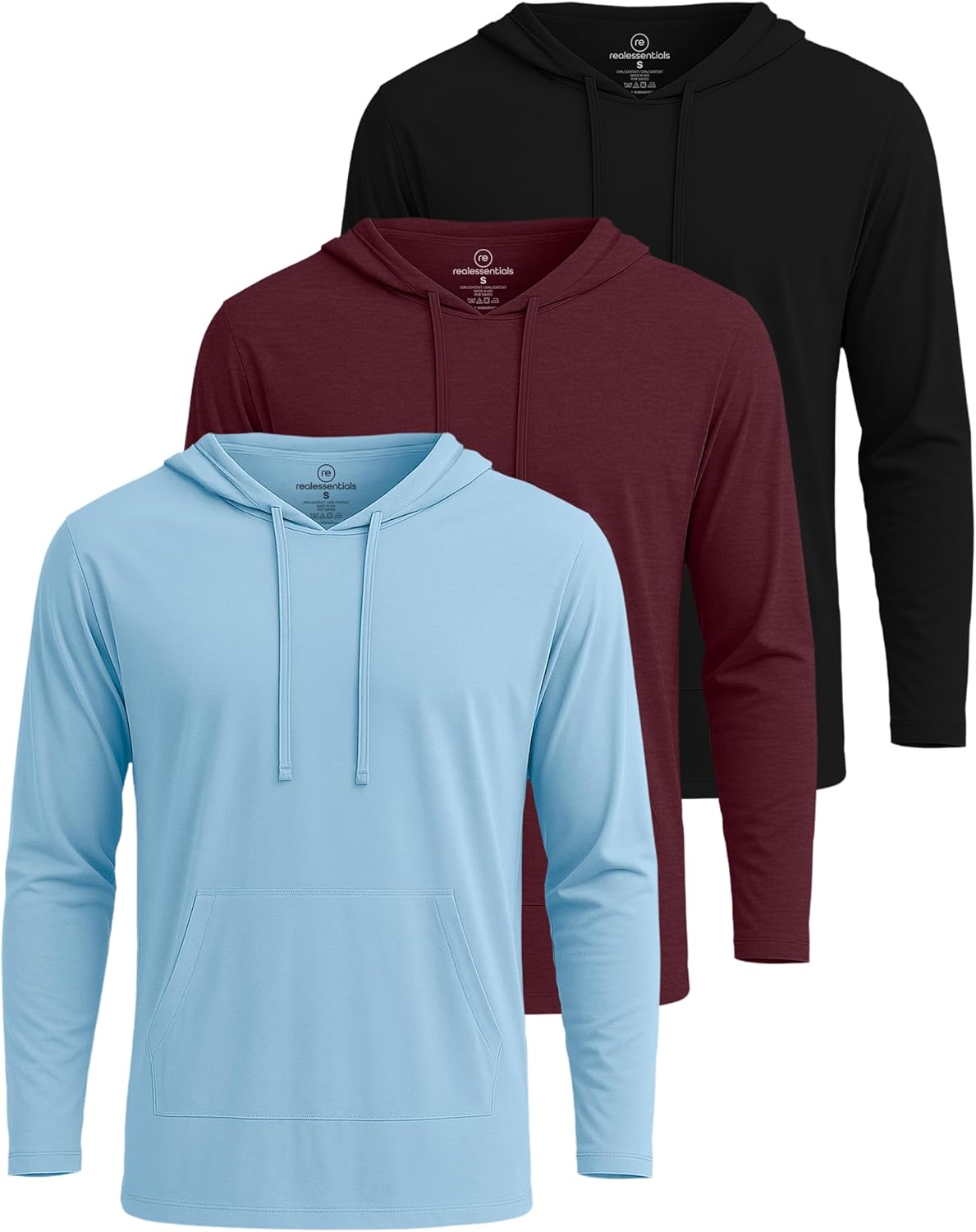 Real Essentials 3 Pack: Men's Cotton Lightweight Casual Pullover Drawstring Hoodie With Pocket (Available In Big & Tall)