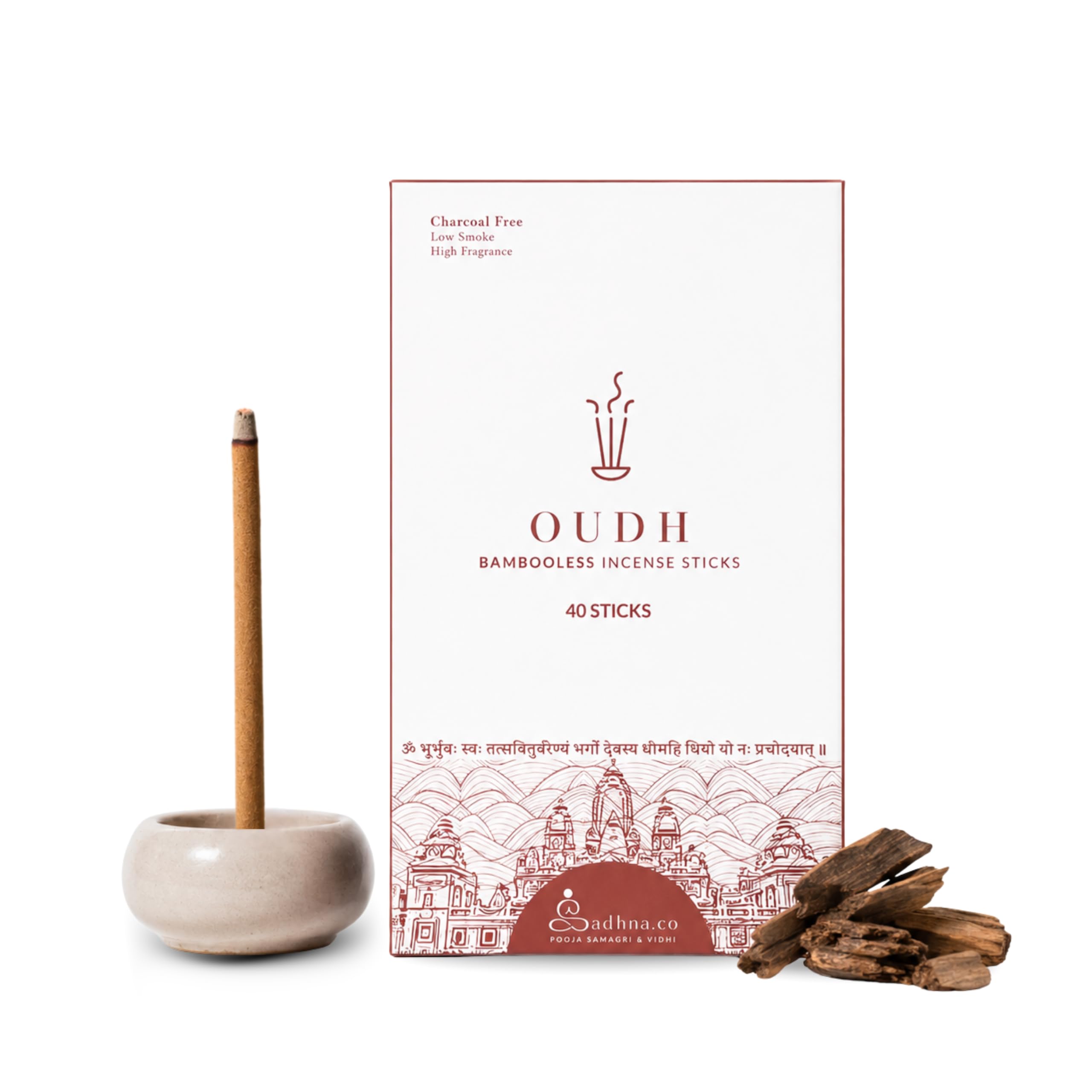 Sadhna.co Oudh (Agarwood) Bambooless Incense Sticks for Home & Pooja (40 Sticks) | Premium Natural Oud Agarbatti | Chemical-Free Smokeless Dhoop Sticks for Meditation, Evening Aarti & Rituals