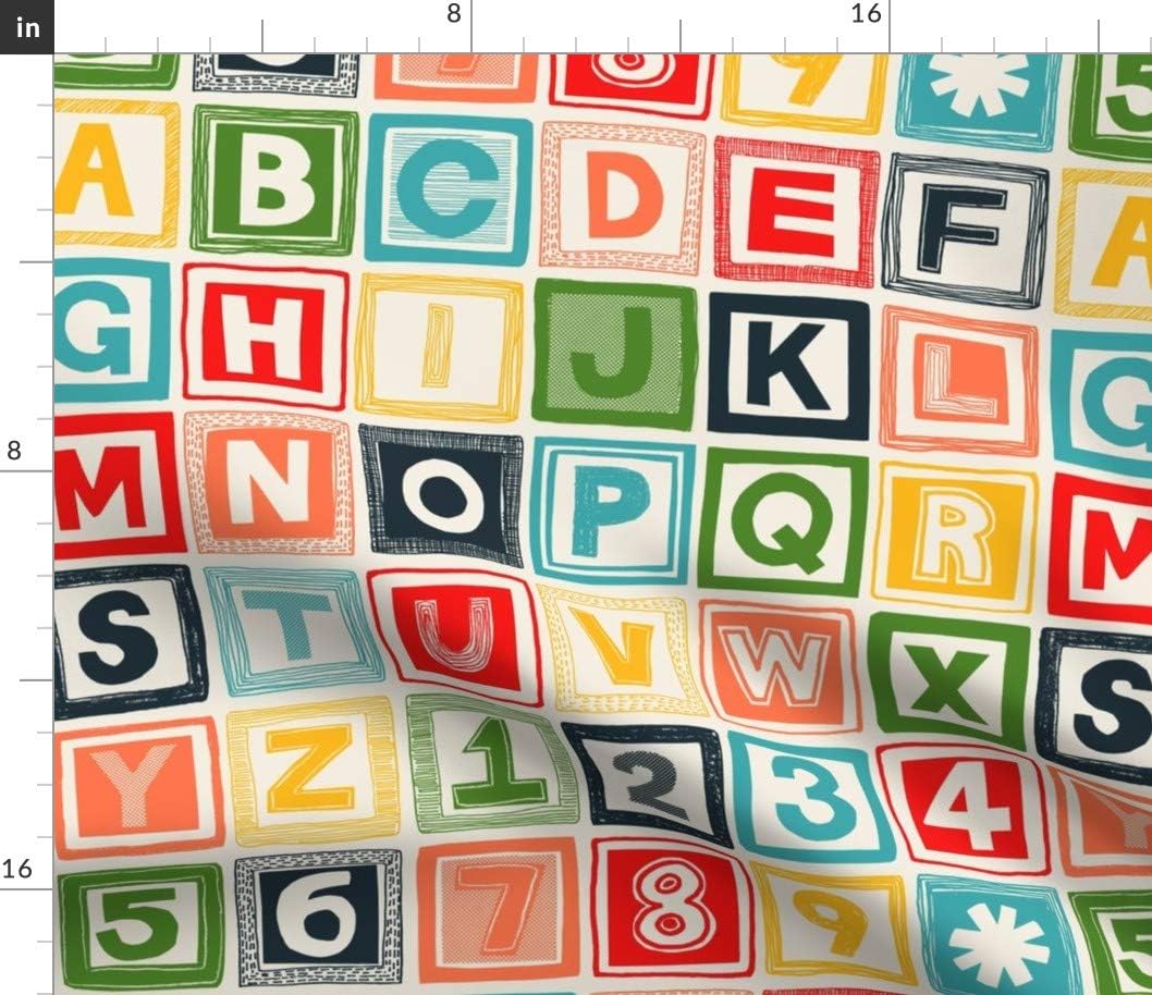 Spoonflower Fabric - Multicolor Alphabet Retro 1950S Cheater Quilt Letters Numbers Counting Printed on Petal Signature Cotton Fabric by The Yard - Sewing Quilting Apparel Crafts Decor