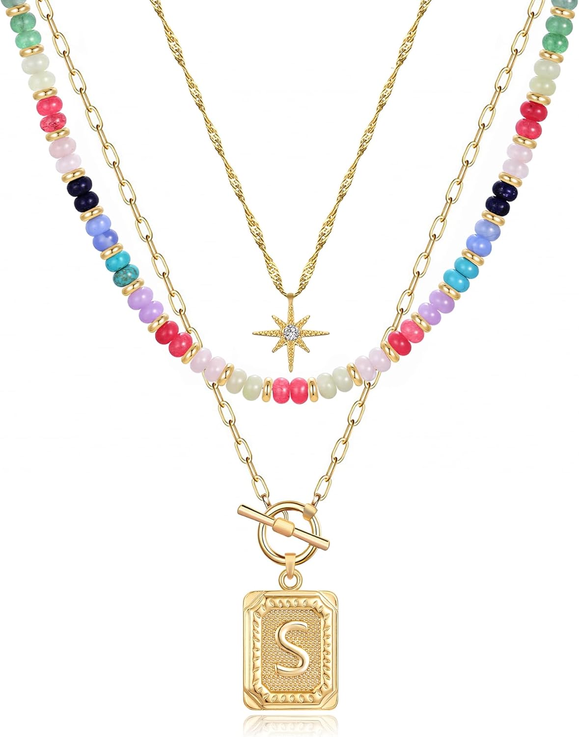 MJartoria Layered Initial Necklaces for Women Trendy, 14K Gold Plated Brass Simple Star Choker Square Letter Pendant Necklace, Colorful Beaded Necklaces Jewelry Gifts