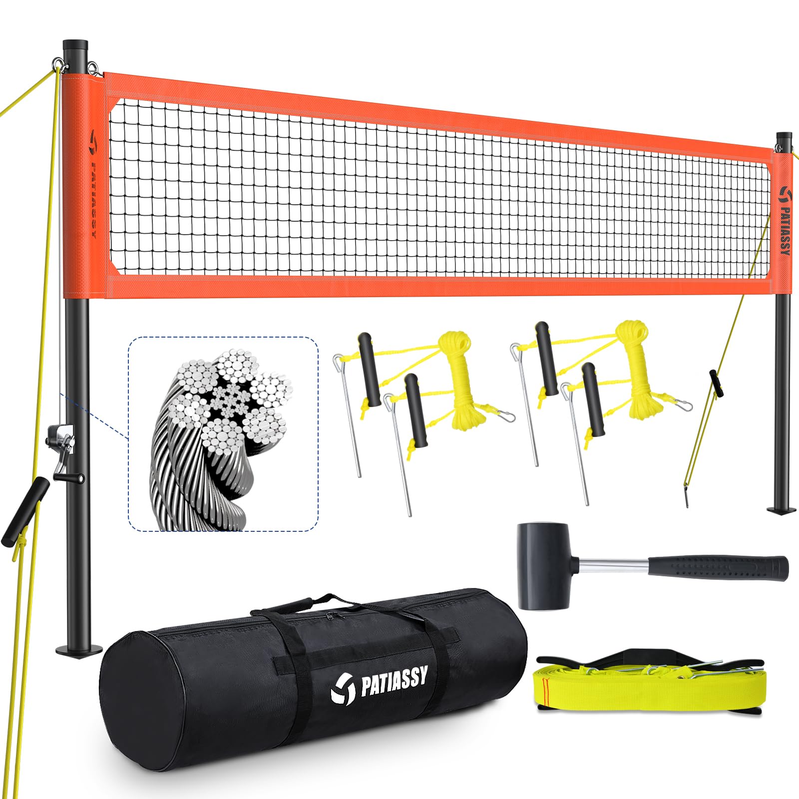 Professional Outdoor Volleyball Net System with Adjustable Aluminum Poles, Anti-Sag Winch, Steel Cable Topline, Tournament-Grade 32FT Net, Boundary