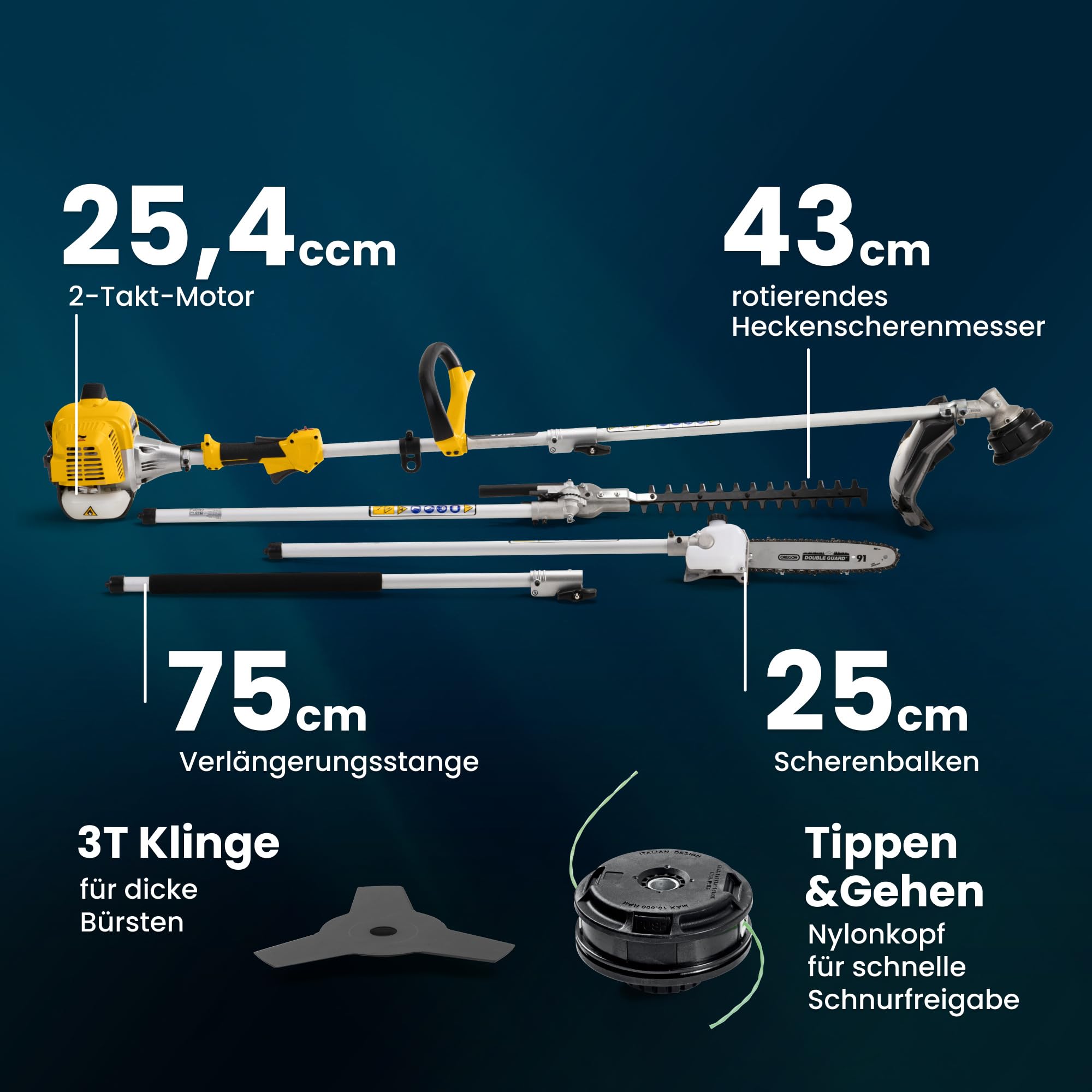 Stiga Benzin Multitool MT 330-5 in 1 (700W), Trimmer, Heckenschere, Kettensäge, Teleskopstange
