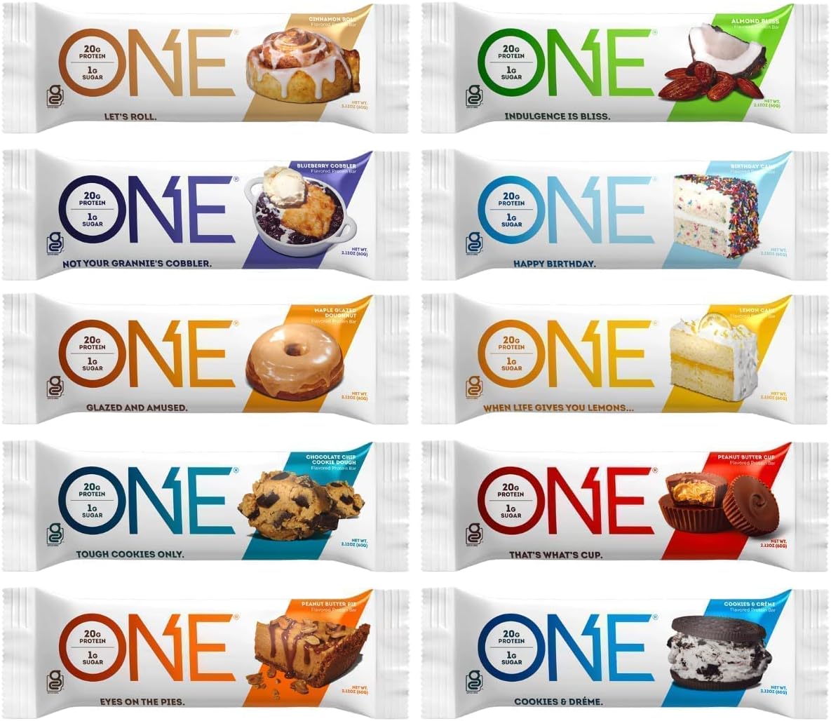 Healthiest BarsOne Protein Bars, Variety Pack Sampler, Gluten Free 20g Protein and Only 1g Sugar, 2.12 oz Bars (10 Count)