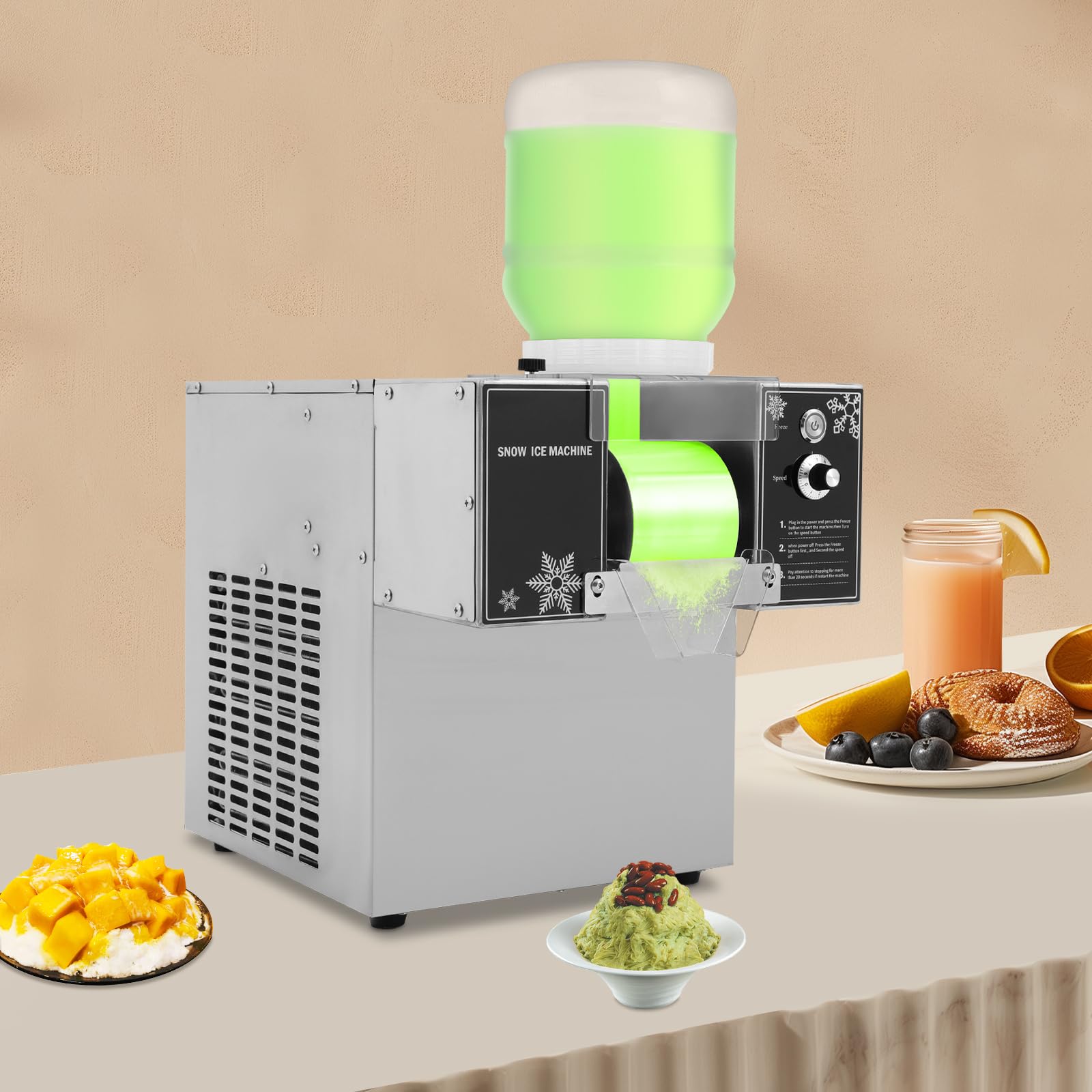 Speiseeisbereiter Schneeflocken Eisbereiter, 750W/360W Kommerzieller Softeismaschine, Geschwindigkeit Einstellbar, Automatischer Elektrischer Eiszerkleinerer für Restaurants, Supermärkte (60KG/24h)