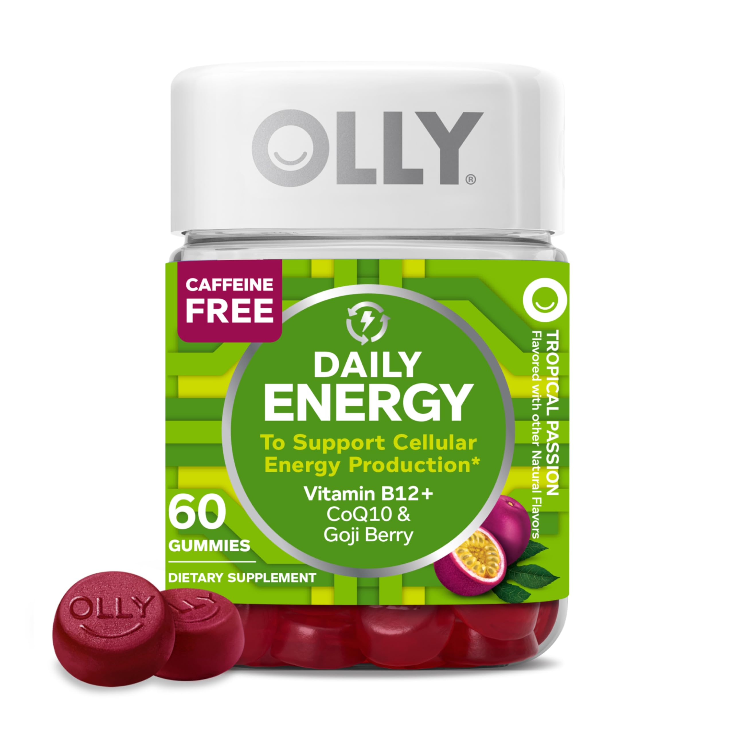 Daily Energy Gummy, 30 Day Supply (60 Gummies), Tropical Passion, Vitamin B12, CoQ10, Goji Berry, Caffeine Free, Chewable Supplement,Daily Energy, 60 Count