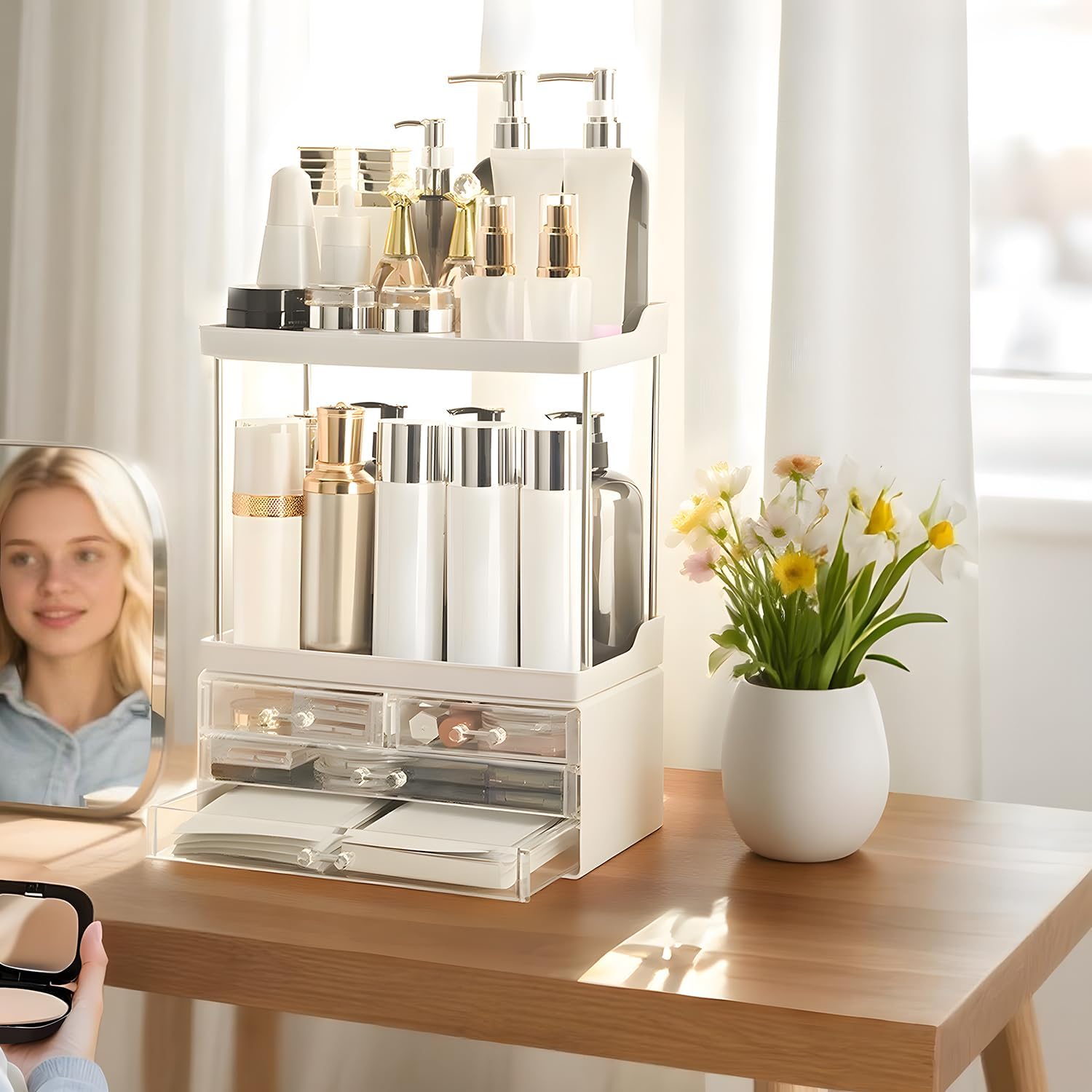 Bathroom Organizers and Storage, 5-Tier 4-Drawer Makeup Organizer Countertop, Multi-Purpose Large Makeup Vanity Organizer, Hair Product, Perfume & Skincare Storage, White - Image 7