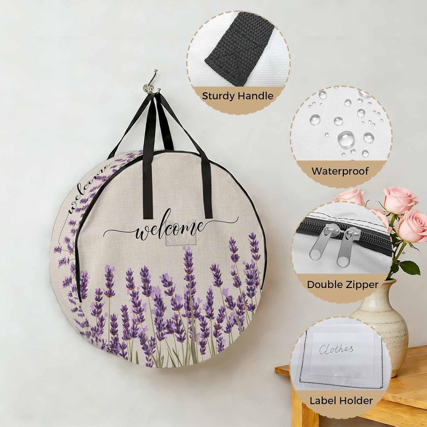 Purple Lavender Round Storage Bag 36 Inch, Spring Pastoral Linen Texture Clothes Storage Container with Handles Heavy Duty Organizer for Comforter, Bedding & Holiday Wreaths