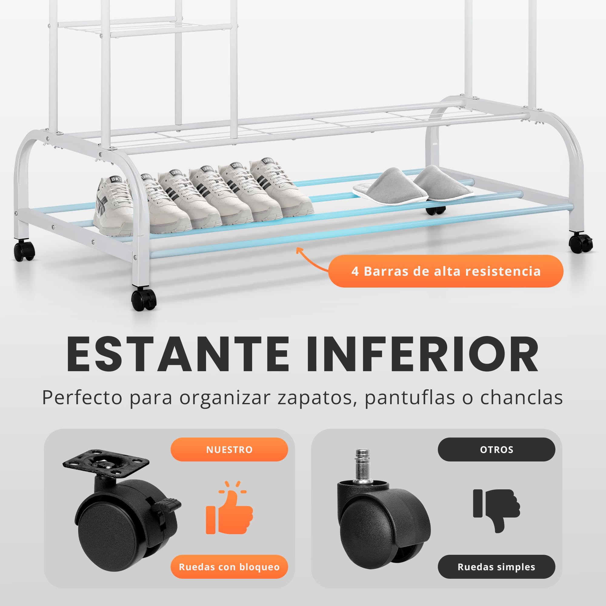 JUPPLIES Burro Ropa Resistente – Perchero Burro Doble con Soporte (Blanco, Con Ruedas y Estantes) — view 5