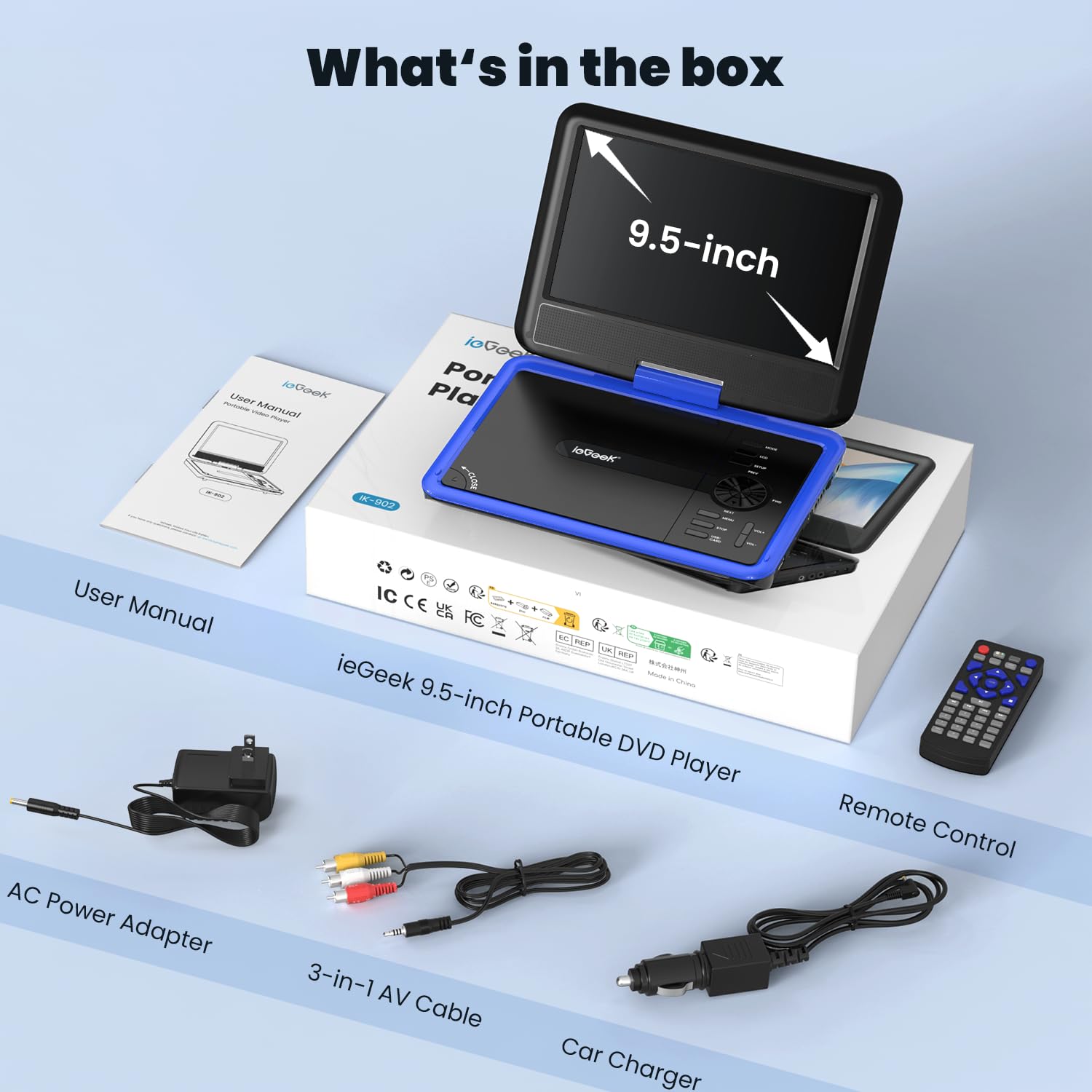 ieGeek Lettore DVD portatile da 11,5 pollici con batteria 5 ore, scheda SD, ingresso USB e uscita AV, schermo girevole a 360°, funzione di ripresa, indipendentemente dalla regione