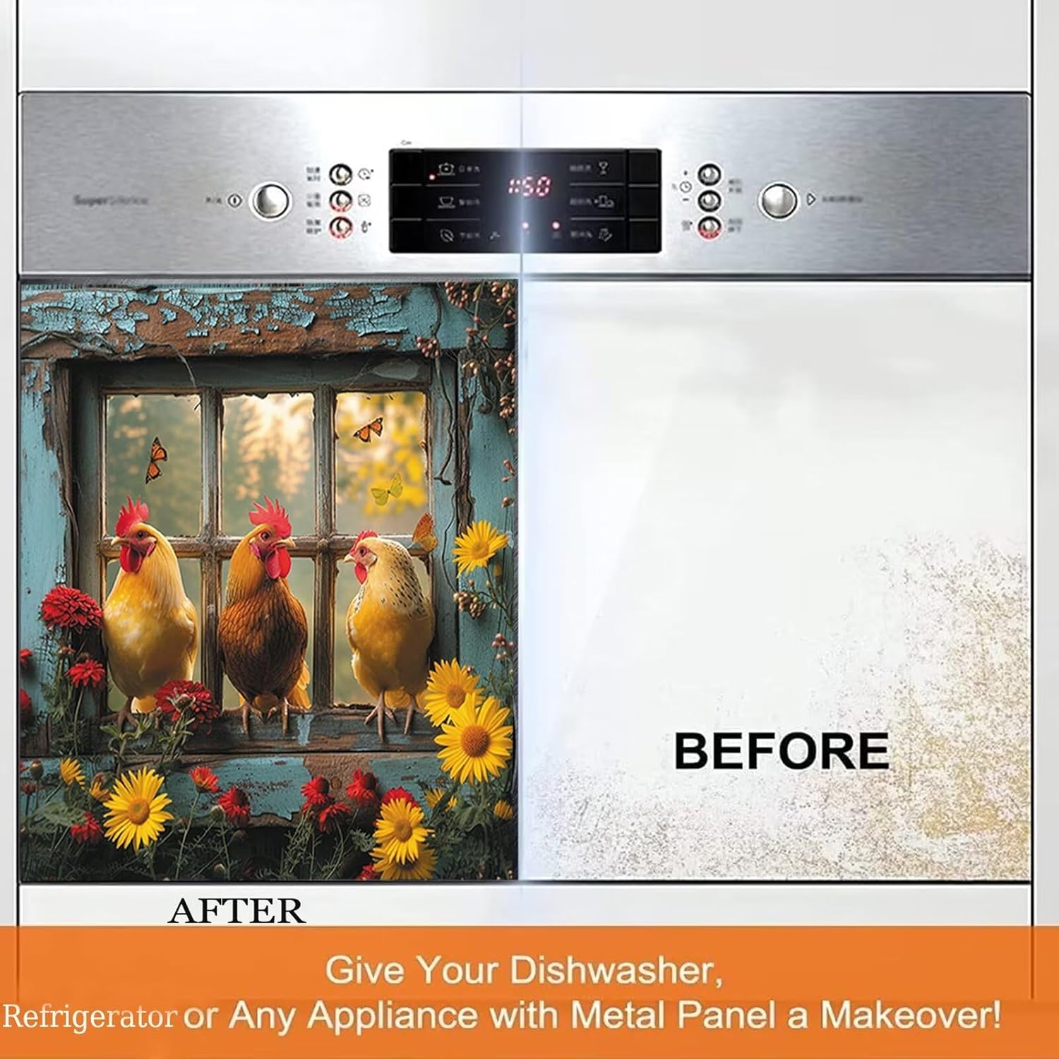 Homega Country Farmhouse Dishwasher Magnet Cover, Farm Chicken Magnetic Dishwasher Cover for Front Decorative, Dishwasher Cover Rooster Decal, Sunflower Refrigerator Magnts Skin, 23 W x 17 H inch