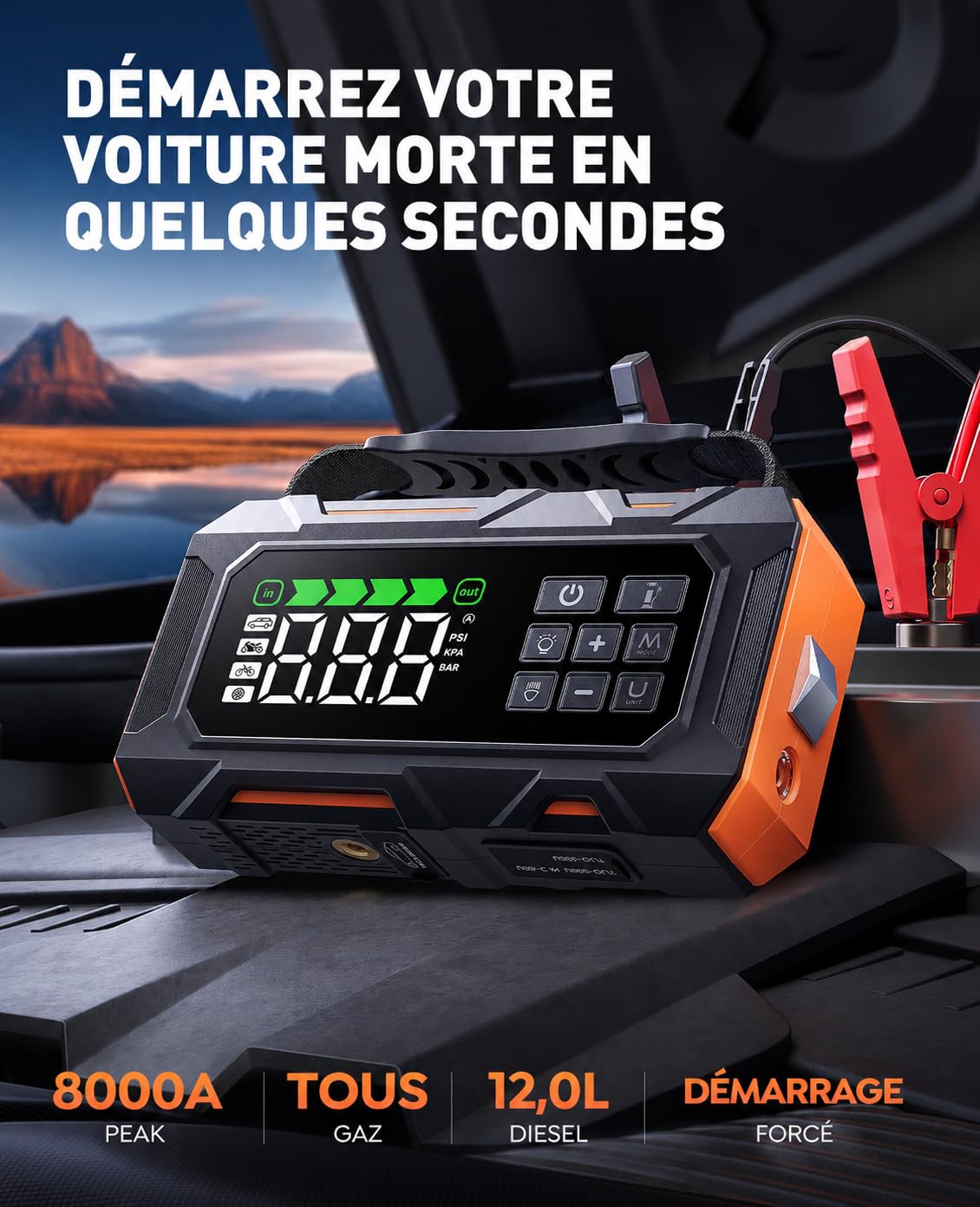 14-in-1 8000A Booster Batterie Voiture avec Gonfleur 160PSI, 26800mAh Démarreur avec Kit d'urgence Voiture, Booster Moto avec 5 LED, Kit Réparation Pneus, Marteau Sécurité (Tous Gaz/12L Diesel)