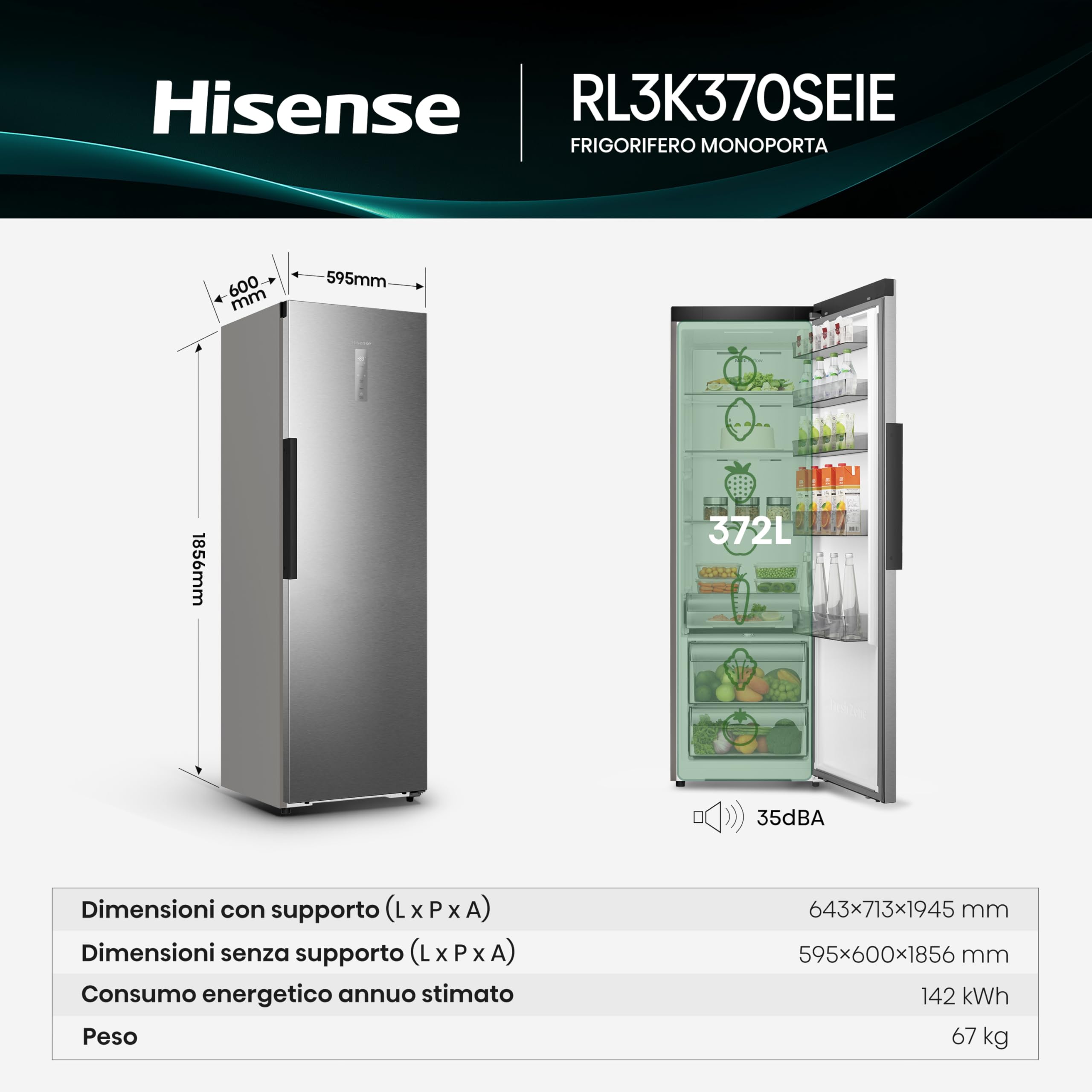 Raffreddatore a Porta Singola No Frost Hisense RL3K370SEIE 372 L - Dettaglio