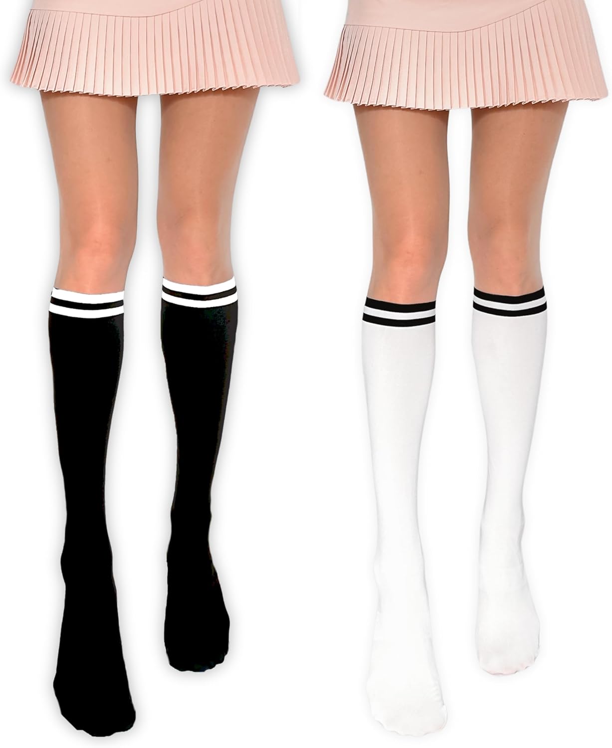 Stripe Two-Tone Knee-High Golf Stockings Two Pack Made in Korea Bundle Pantyhose Tights UV Protection Spring Summer Autumn (Black+White)
