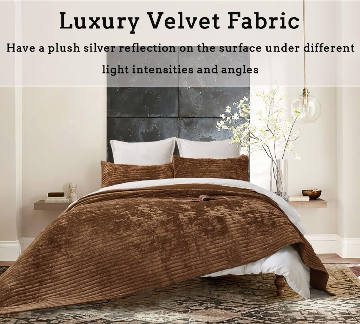 3 Pieces Luxurious Velvet Oversized King Quilt Bedding Set 106x118 Striped Bedspread Coverlet Quilted Set with 2 Pillow Shams 20x36 Ultra Soft Comforter for All Season, Caramel - Image 8