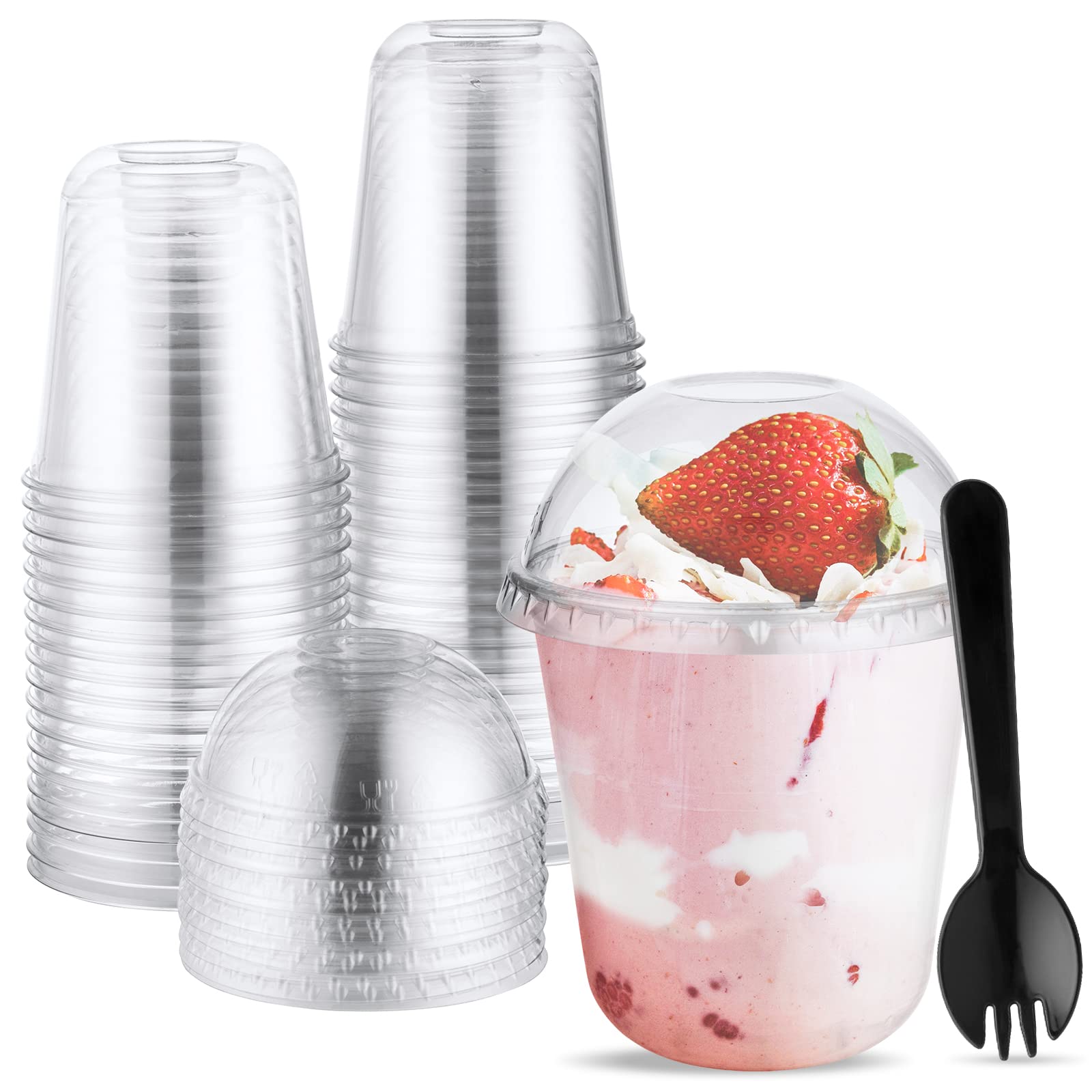 Eupako 12 OZ Plastic Fruit Cups with Lids and Sporks, 50 PCS Parfait Cups with Lids for Desserts, Puddings, Mousse, Ice Cream, Plastic Cups With Dome Lids (No Hole)