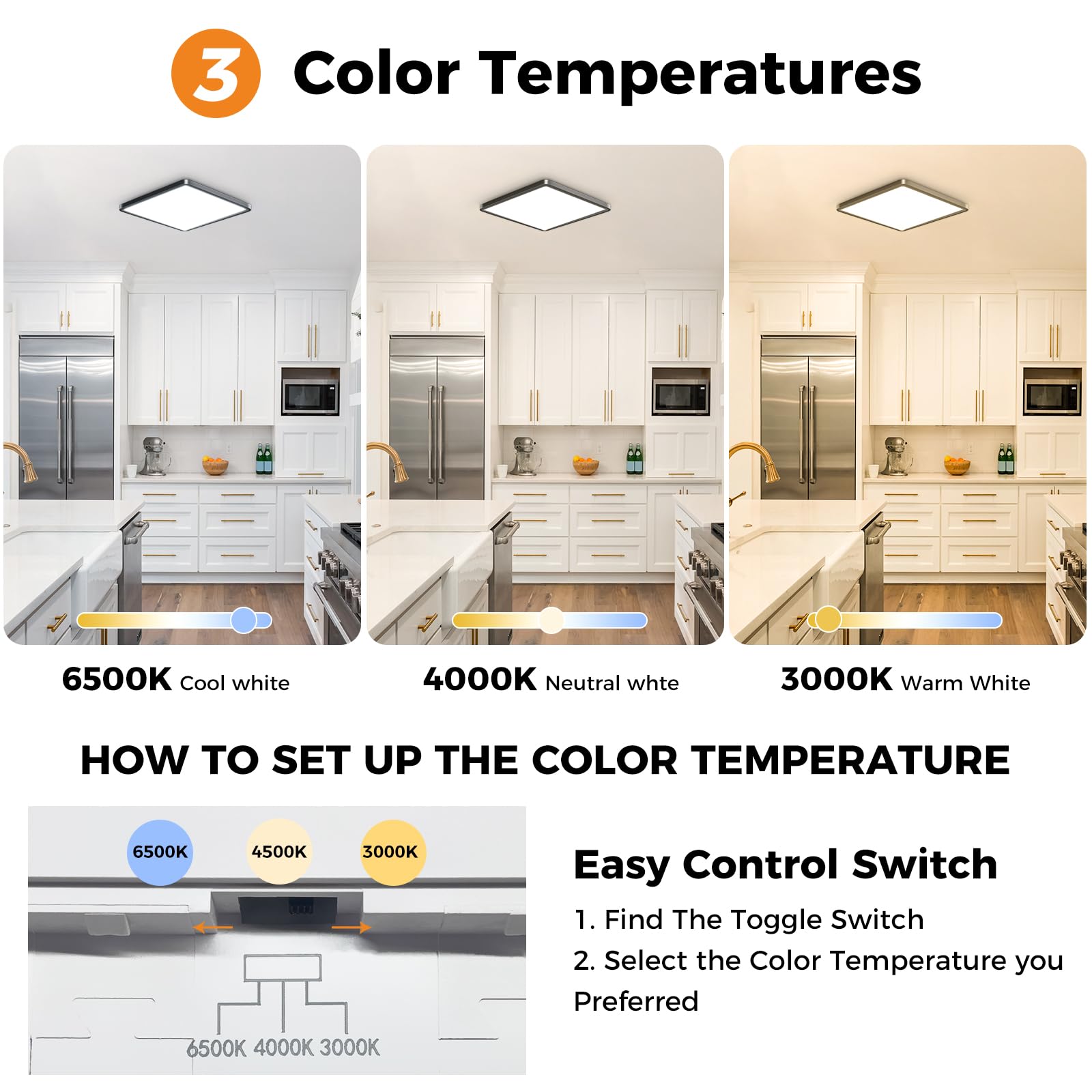 slochi 2Pack LED Ceiling Light, 3000K/4000K/6500K 3 Color Temperature, IP54 Waterproof Bathroom Light - Image 4