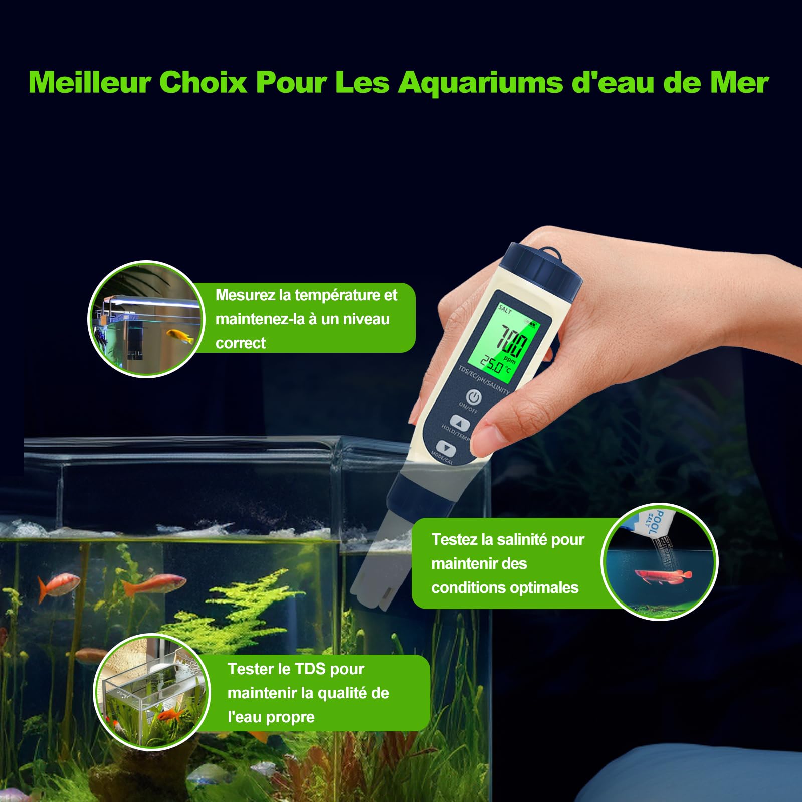 Pious Ph Metre 5 en 1 PH/TDS/EC/Salinité/Thermomètre Testeur ph Écran LCD Compensation Automatique de la Température