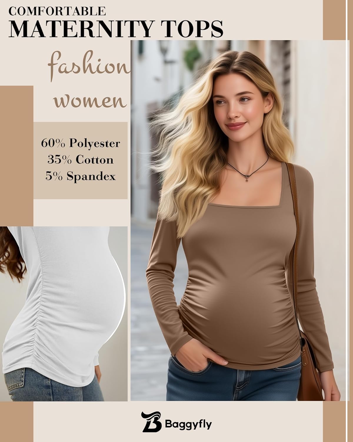 3 Pack Women's Maternity Shirts Long Sleeve Side Ruched Pregnancy Tops Square Neck Basic Tunic Knit Mama Clothes - Image 5
