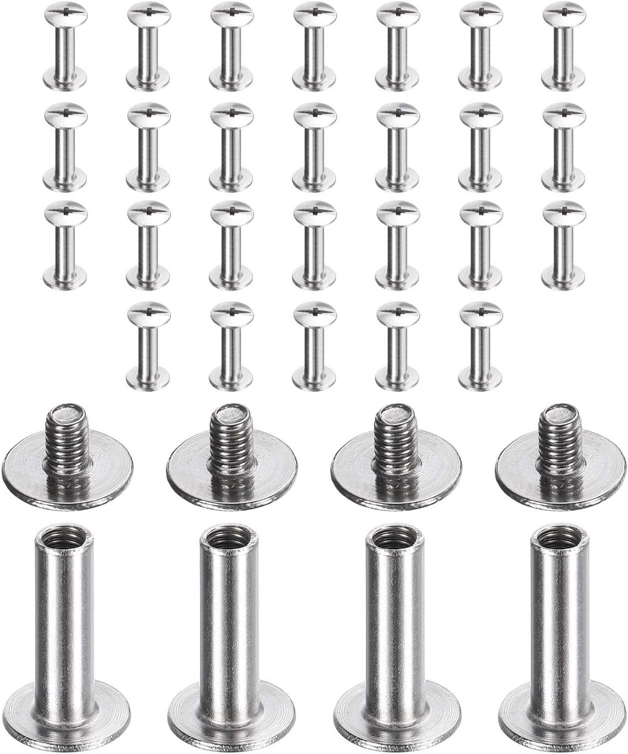sourcing map 30set Chicago Screw M3x15mm 5mm Length Metal Phillips Nail Rivet Stud Bolts Rivets Binding Post Screw for DIY Leather Belt Bag Craft Bookbinding, Silver