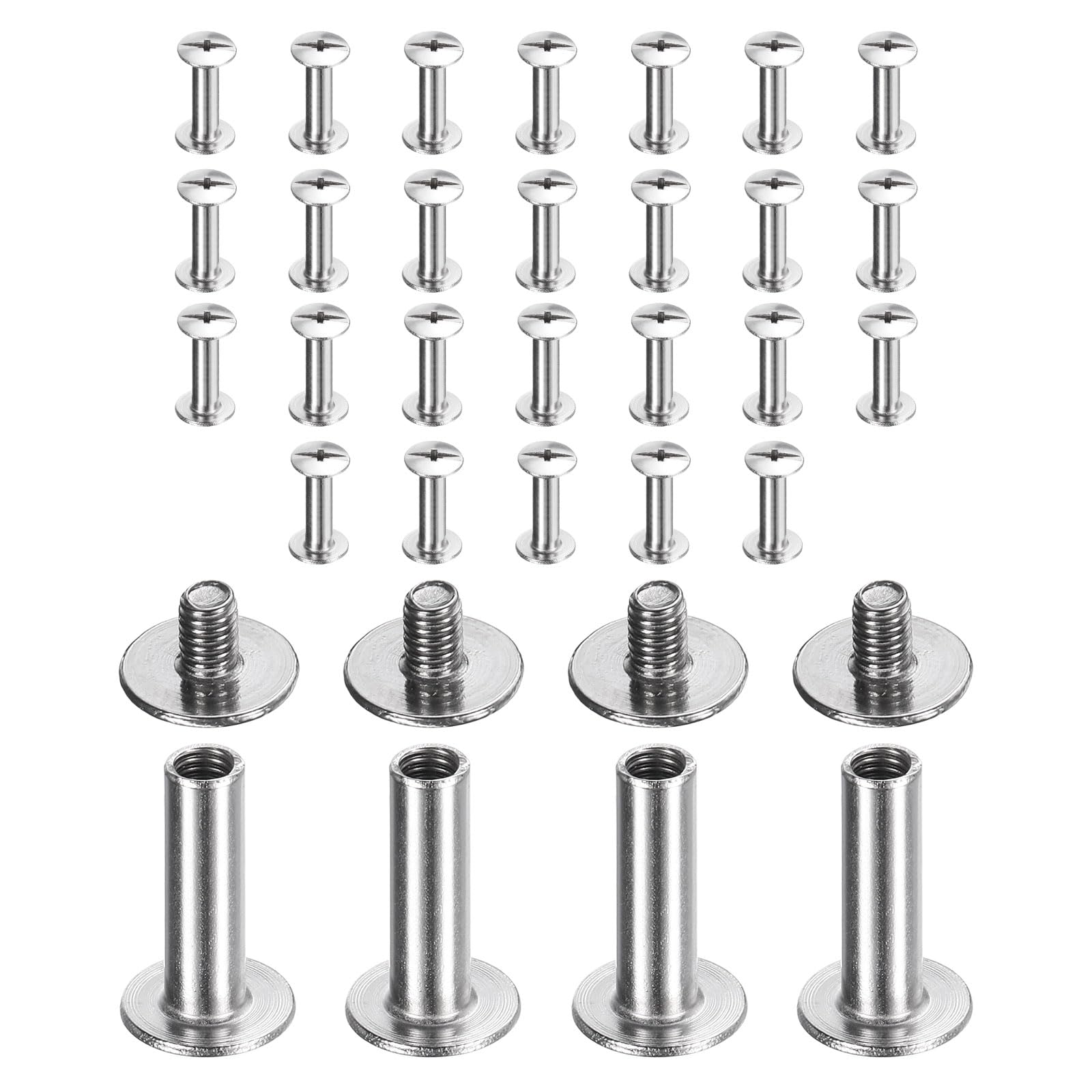 sourcing map 30set Chicago Screw M3x15mm 5mm Length Metal Phillips Nail Rivet Stud Bolts Rivets Binding Post Screw for DIY Leather Belt Bag Craft Bookbinding, Silver