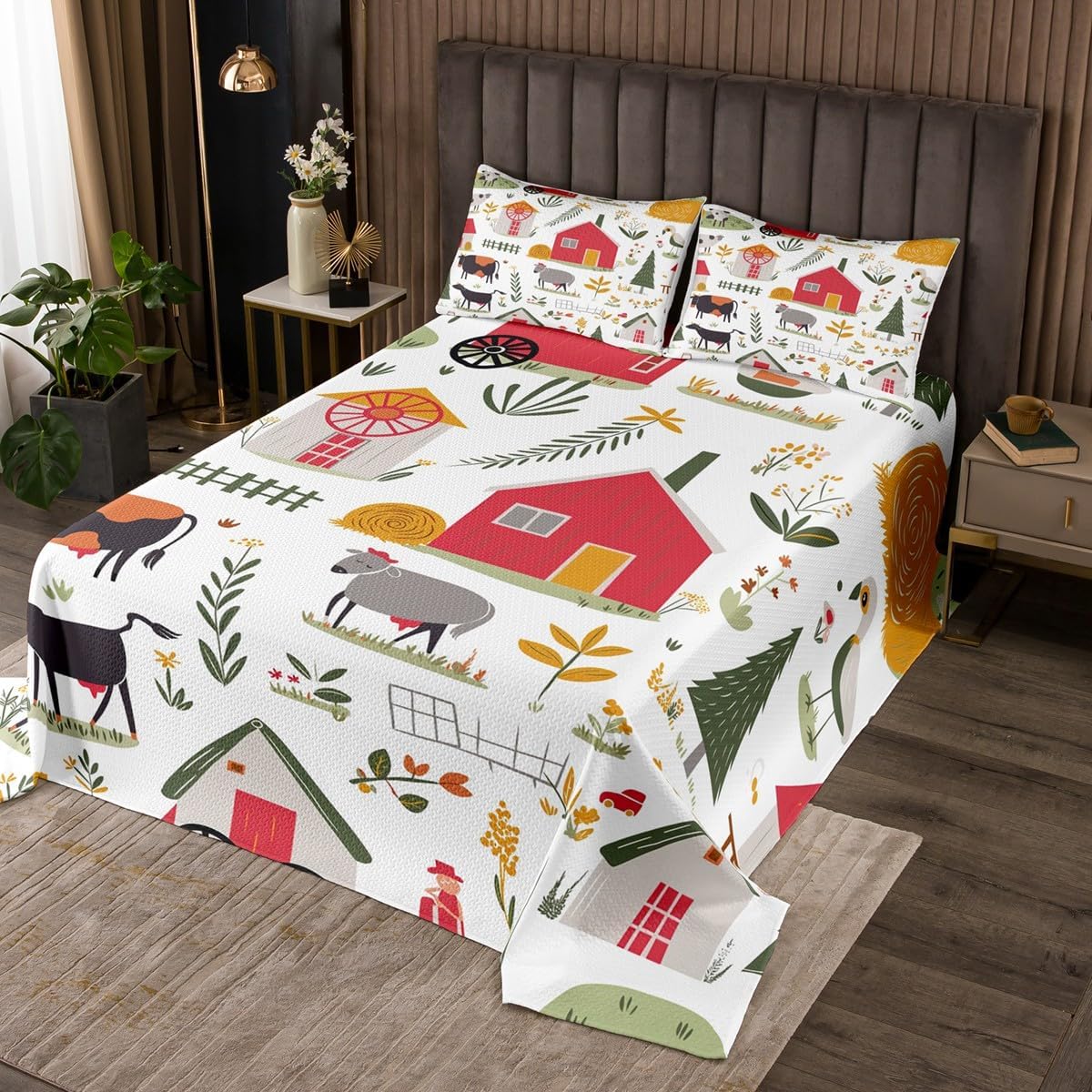 Erosebridal Farm Quilt Set Garden Windmill Bedspread Set Lodge Cabin Cottage Coverlet Set King,Barn House Toddler Quilted Country Cartoon Farm Animals Farm Truck Rustic Home Decor