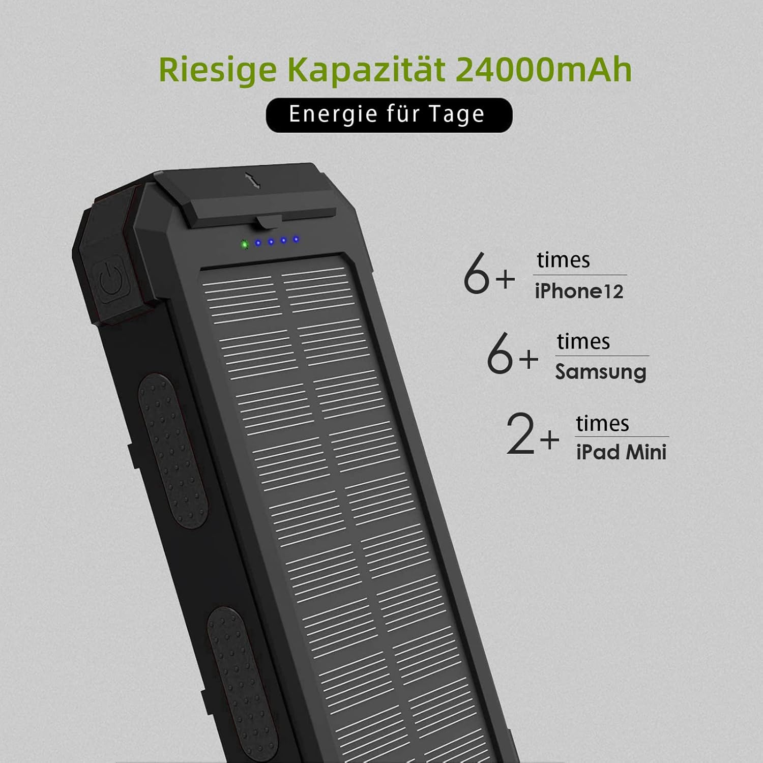 X-DRAGON Solar Power Bank demonstrating shockproof, waterproof, and dustproof features