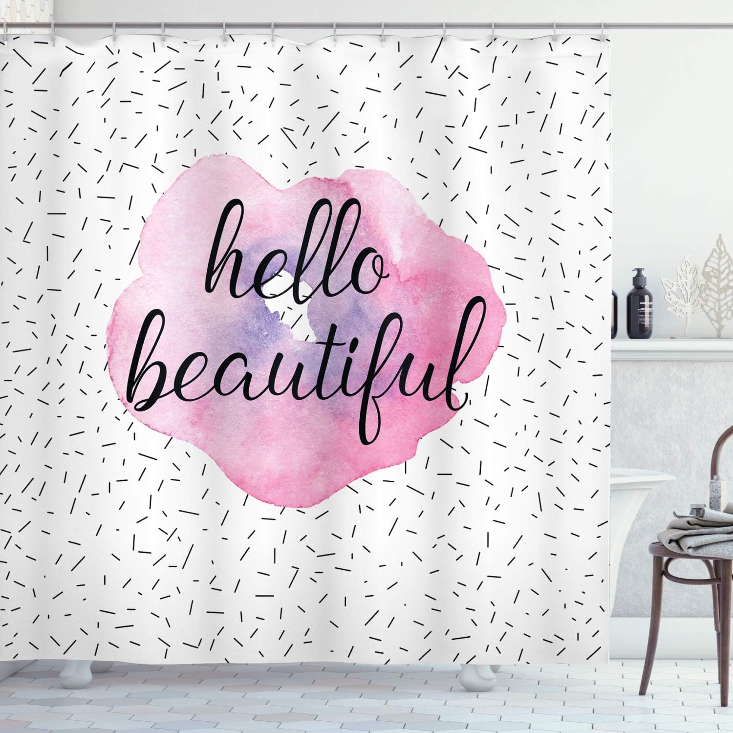 Ambesonne Hello Shower Curtain, Words Watercolor Flower Pattern and Celebration Background, Cloth Fabric Bathroom Decor Set with Hooks, 69" W x 75" L, Pale Pink Lavender Black