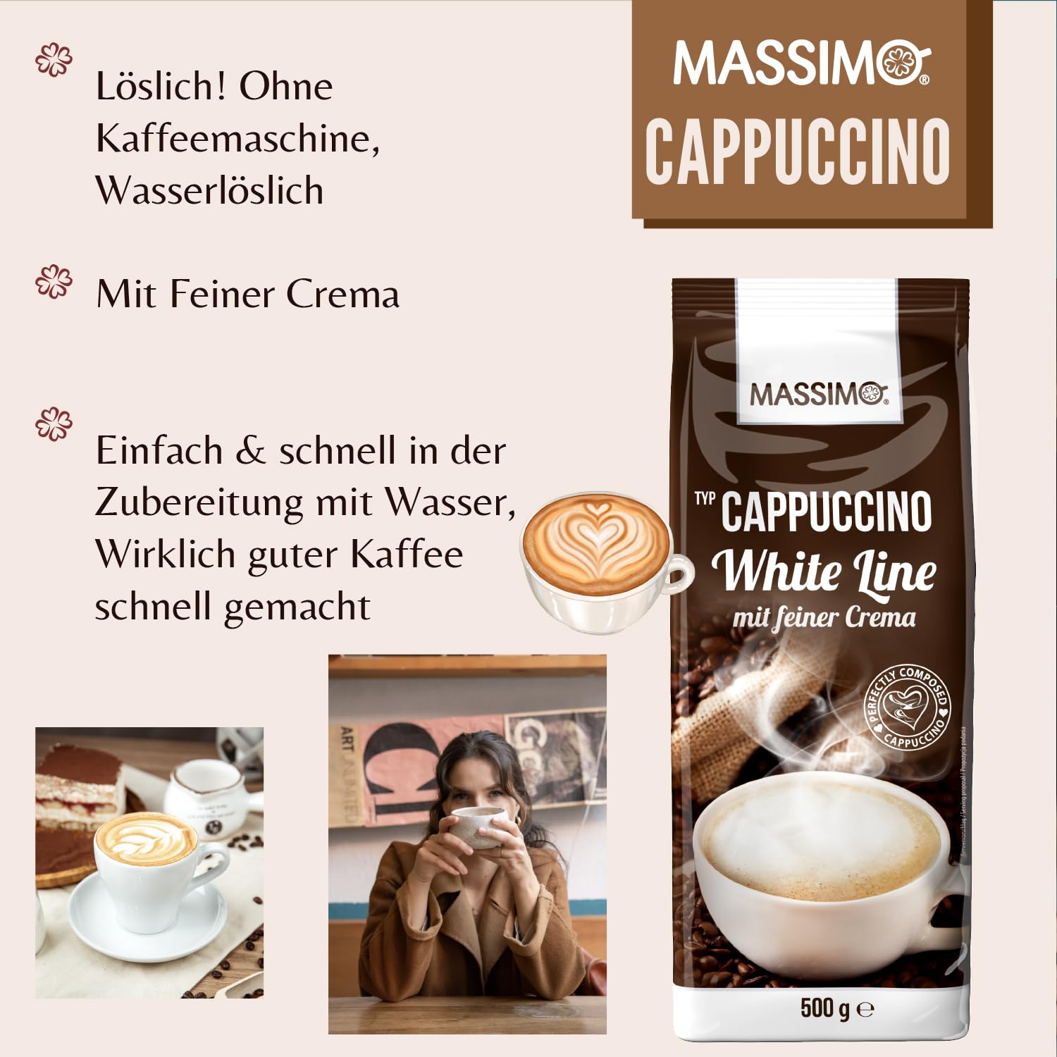 Massimo Cappuccino White Line 10 x 500 g z delikatną kremową – ekonomiczne opakowanie/aromatyzowany proszek do napojów z rozpuszczalnym cappuccino w proszku, wyjątkowo mleczny i kremowy