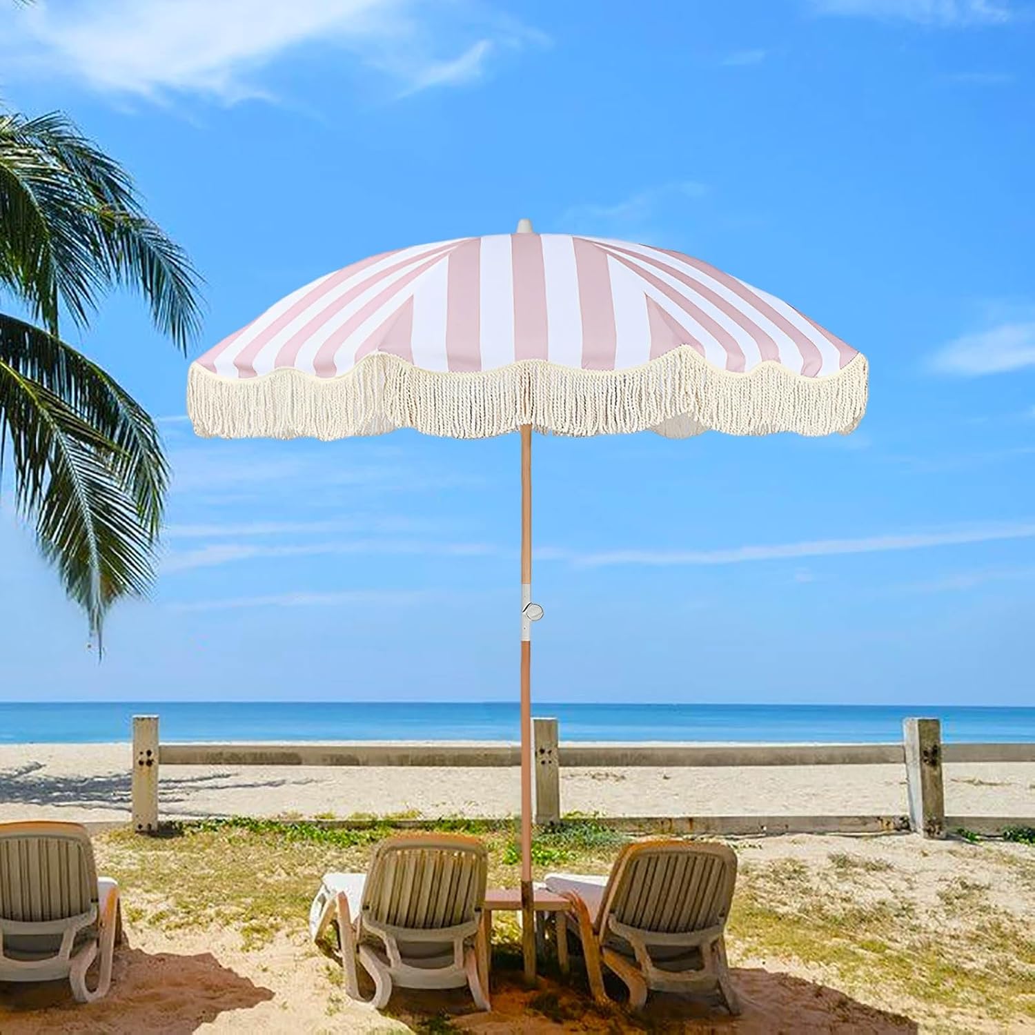 6ft Portable Beach Umbrellas For Sand Pink Striped Boho Fringe Umbrella Outdoor Patio Umbrella Tilt UV Protection Waterproof Pool Umbrella with Storage Bag Backyard Umbrellas For Patios Outside
