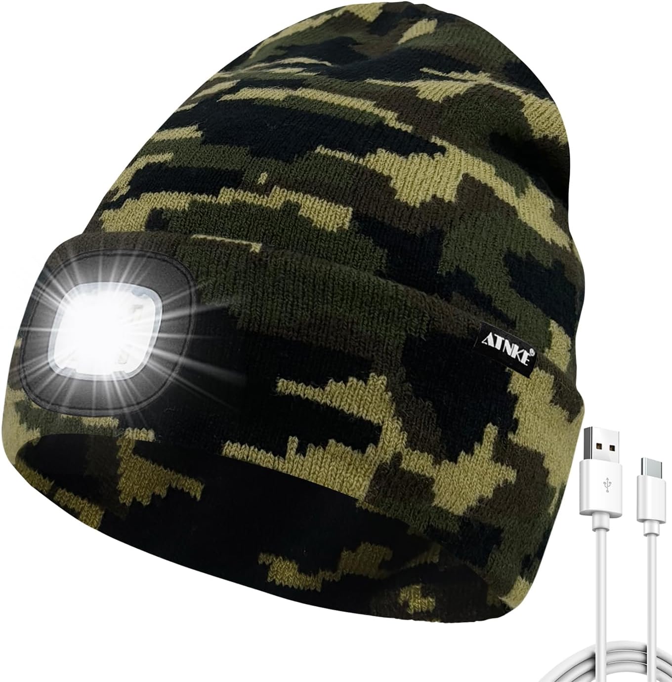 ATNKE LED Beanie with The Light, USB Type C Rechargeable 4 LED Running Headlamp Bright Caps Gifts for Men Dad and Women
