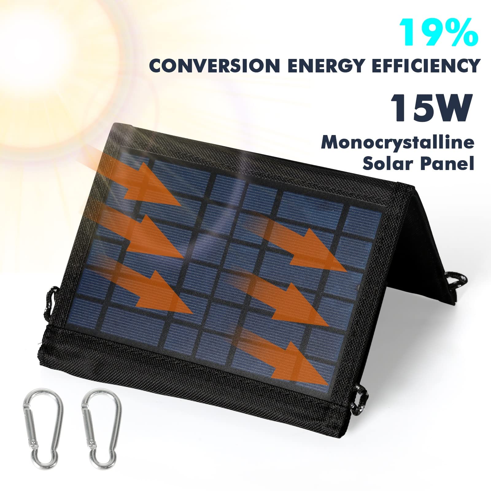 DEWIN Solarpanel Faltbar, Tragbares Solar Ladegerät Solar Powerbank Wasserdicht USB Ladegerat Solarpanel für Telefon Tablet Kamera und Camping 15W 5V