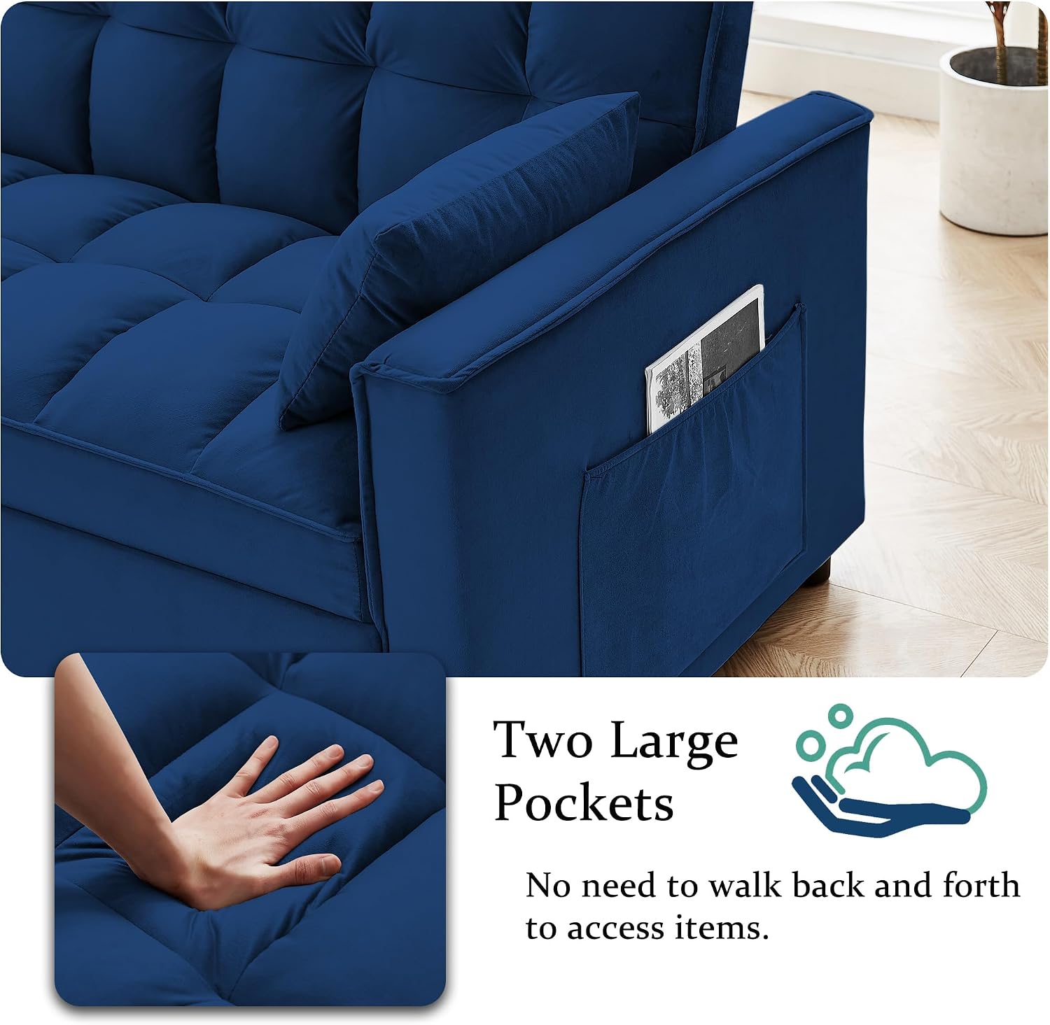 Convertible Sleeper Sofa Bed, 3 in 1 Modern Velvet Loveseat Futon Sofa Couch with Pullout Bed, Reclining Backrest Toss Pillows, Pockets for Living Room (Blue)