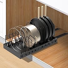 FLSEPAMB Topfdeckelhalter, Ausziehbarer Deckelhalter Schublade mit 10 Verstellbaren Fächern, Topfdeckel Organizer aus Metall für Küchenutensilien, Pfannen, Töpfe, Deckel (Schwarz)